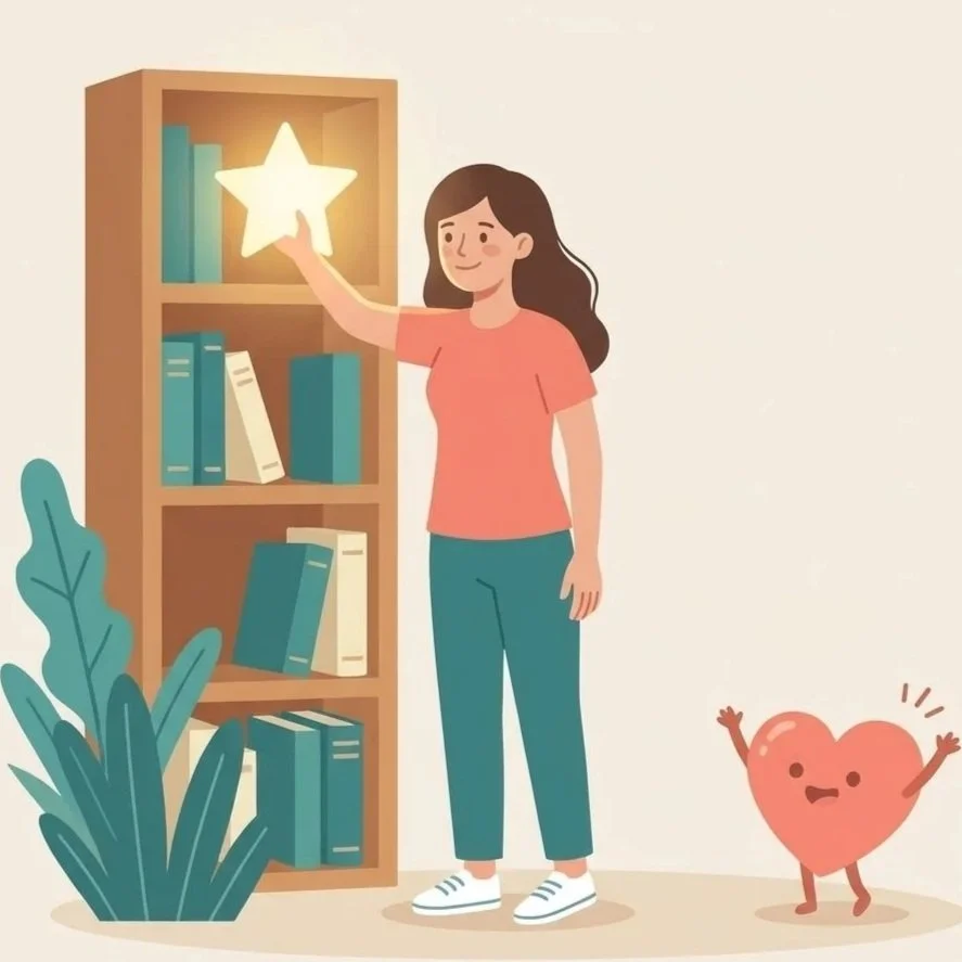 A woman placing a glowing star on a bookshelf, with a smiling heart character nearby and a plant next to the shelf.