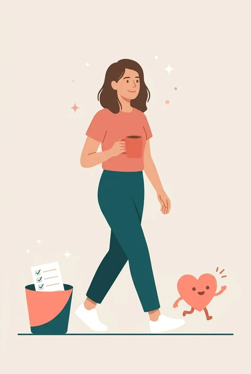 An illustration of a woman walking, holding a coffee mug, with a smiling heart character following her. There is a trash bin with a checklist near her.
