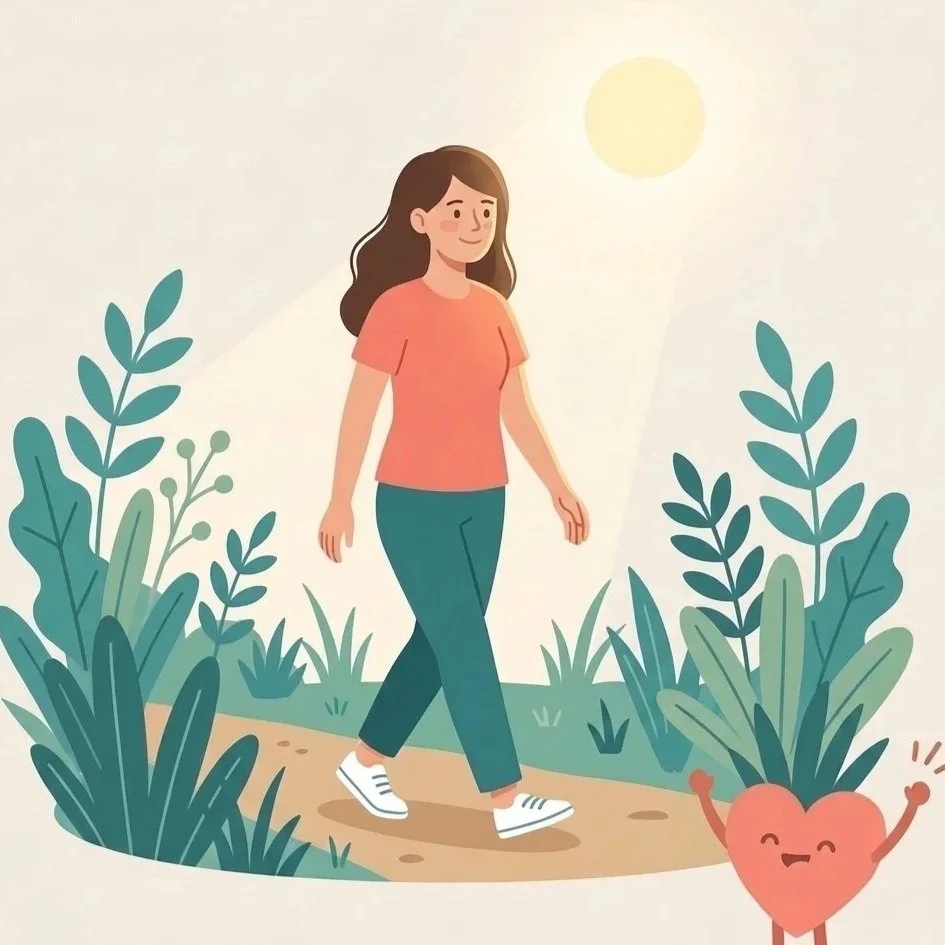 A young woman walks along a path outdoors with sunlight shining down. There are green leafy plants on both sides of the path, and a smiling cartoon heart with arms raised is nearby.