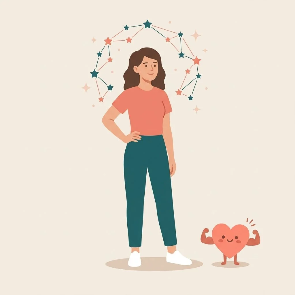 Illustration of a woman with long brown hair, wearing a pink top and teal pants, standing confidently with one hand on her hip, behind a constellation of stars. Next to her is a cute anthropomorphic heart character with muscular arms, smiling.