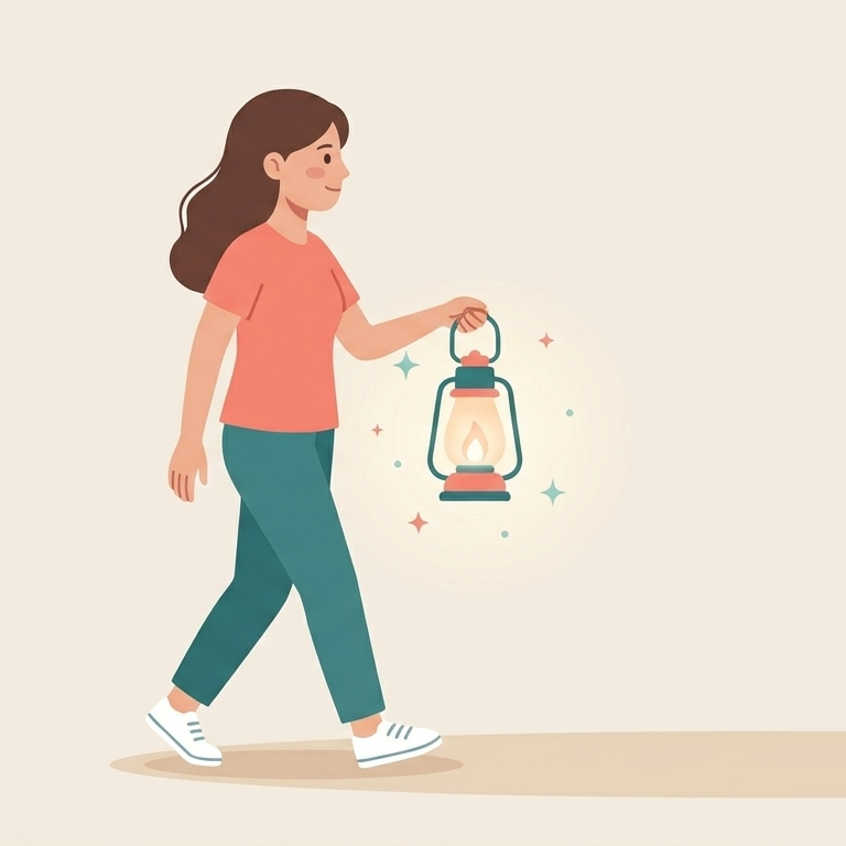 A woman walking and holding a lantern that is lit.