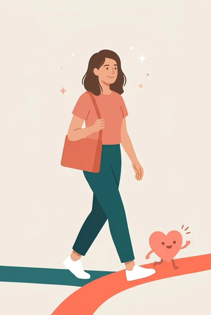 A woman with brown hair, wearing a pink shirt, teal pants, and white shoes, walking on a curved path with a smiling heart-shaped character walking beside her.
