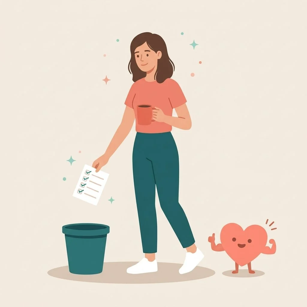 A cartoon woman is holding a checklist and a coffee mug, standing near a trash can, with a smiling cartoon heart character next to her.