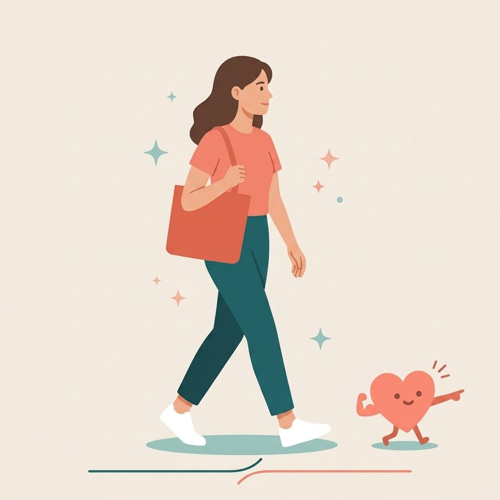 A woman walking with a heart character pointing and smiling.