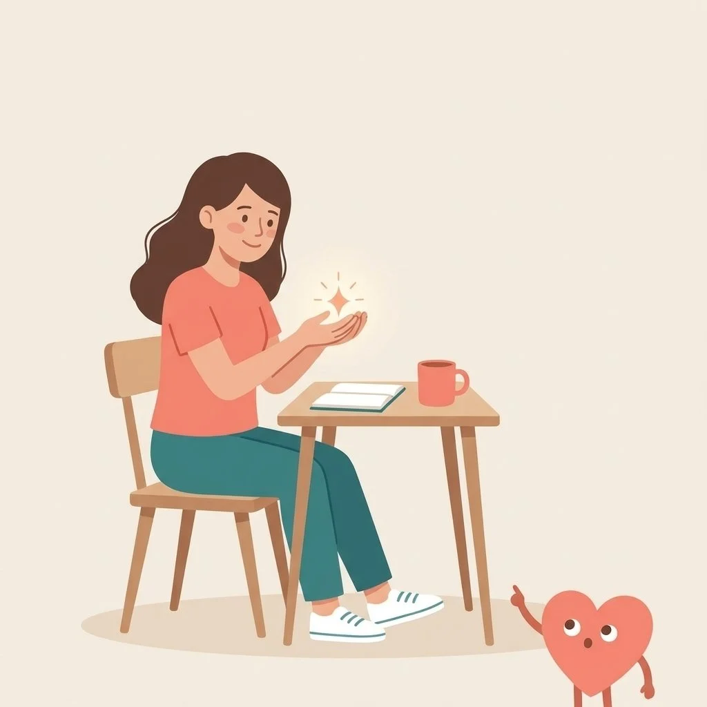 A woman sitting at a table with a book and mug, holding a glowing star in her hands, while a heart character points up beside her.