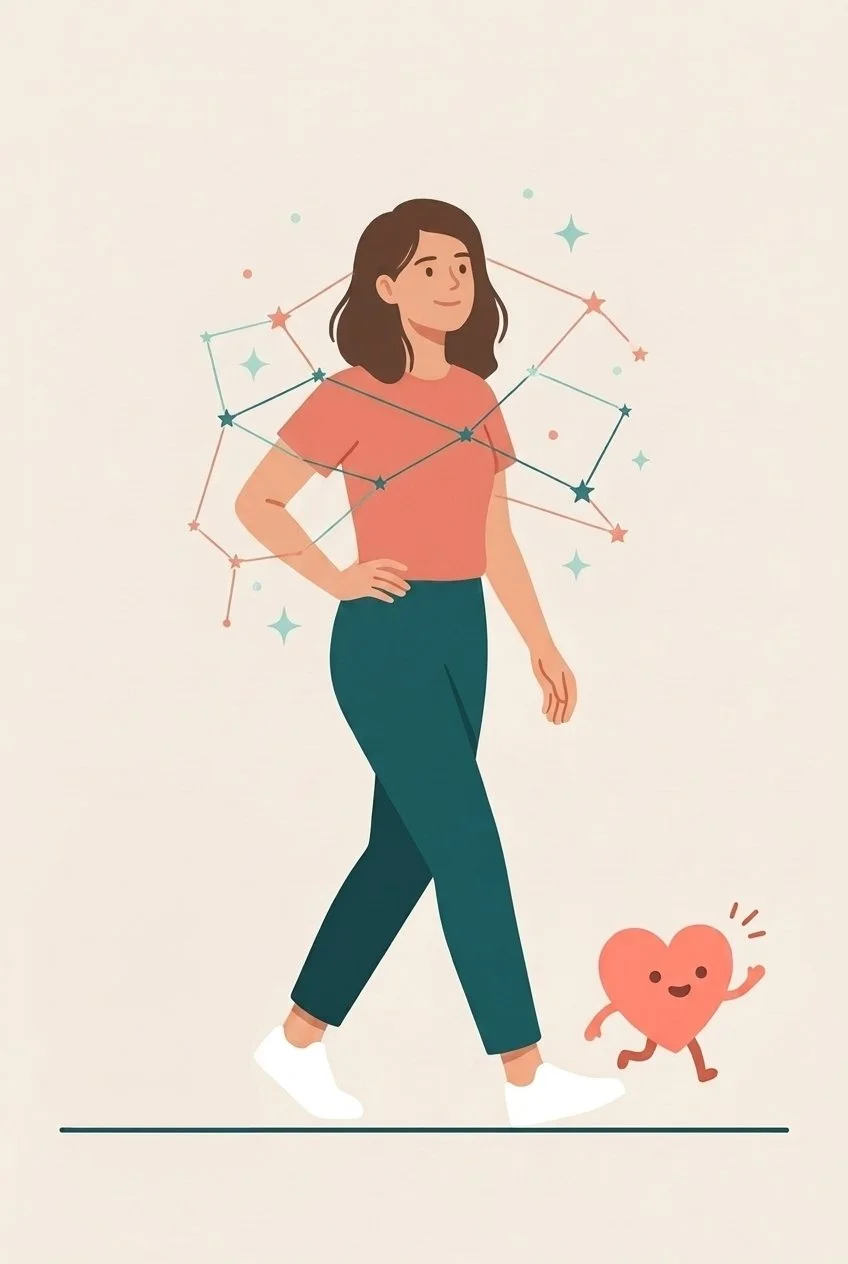 A woman with dark hair, wearing a pink shirt and teal pants, walking with a cheerful cartoon heart character beside her, surrounded by star-like symbols.