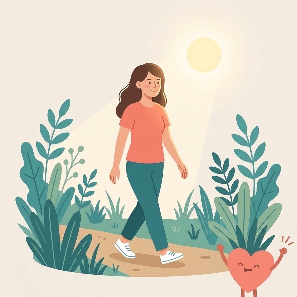 A woman and a heart-shaped character walking outdoors with greenery and the sun shining.
