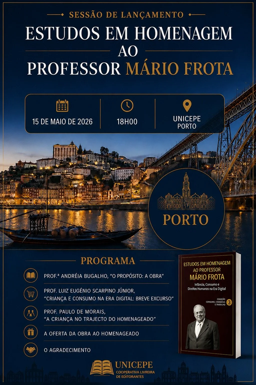 2026-05-15, sexta-feira, 18H00: Lançamento do livro "ESTUDOS EM HOMENAGEM AO PROFESSOR MÁRIO FROTA"