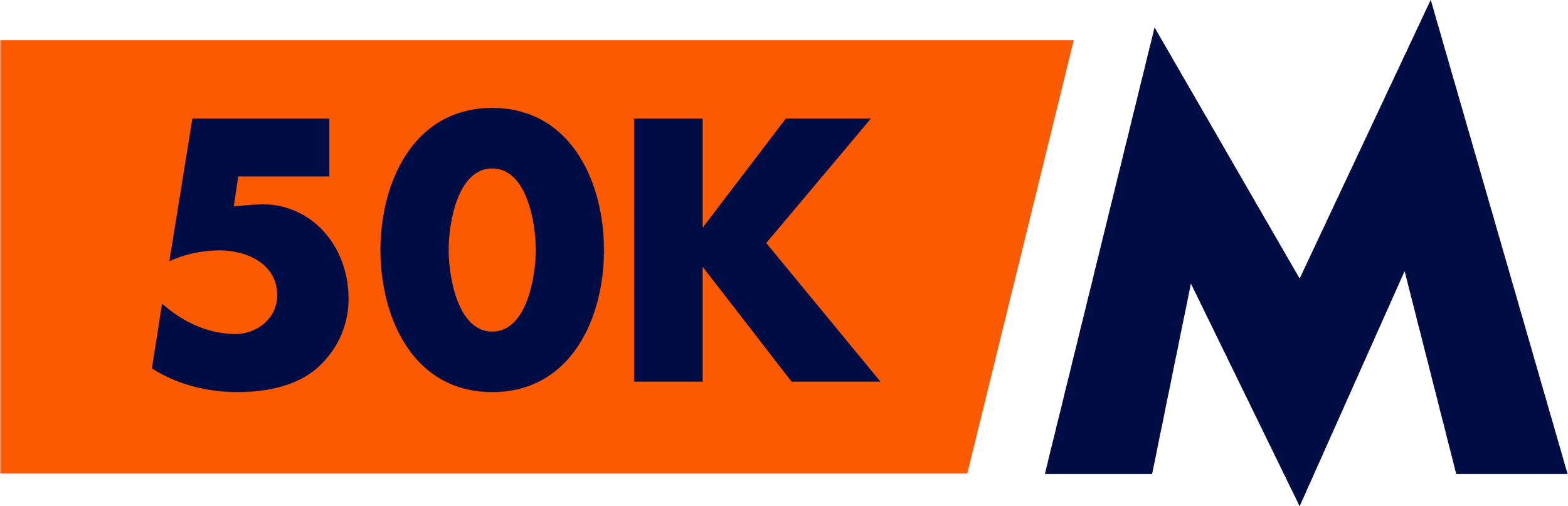 Text reading '50K MMA' in bold navy blue font on an orange and black background.