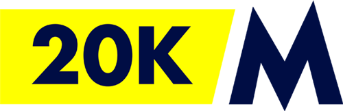 Text that reads '20K' in bold blue letters on a yellow background, partially covering a large dark blue 'M' on a black background.
