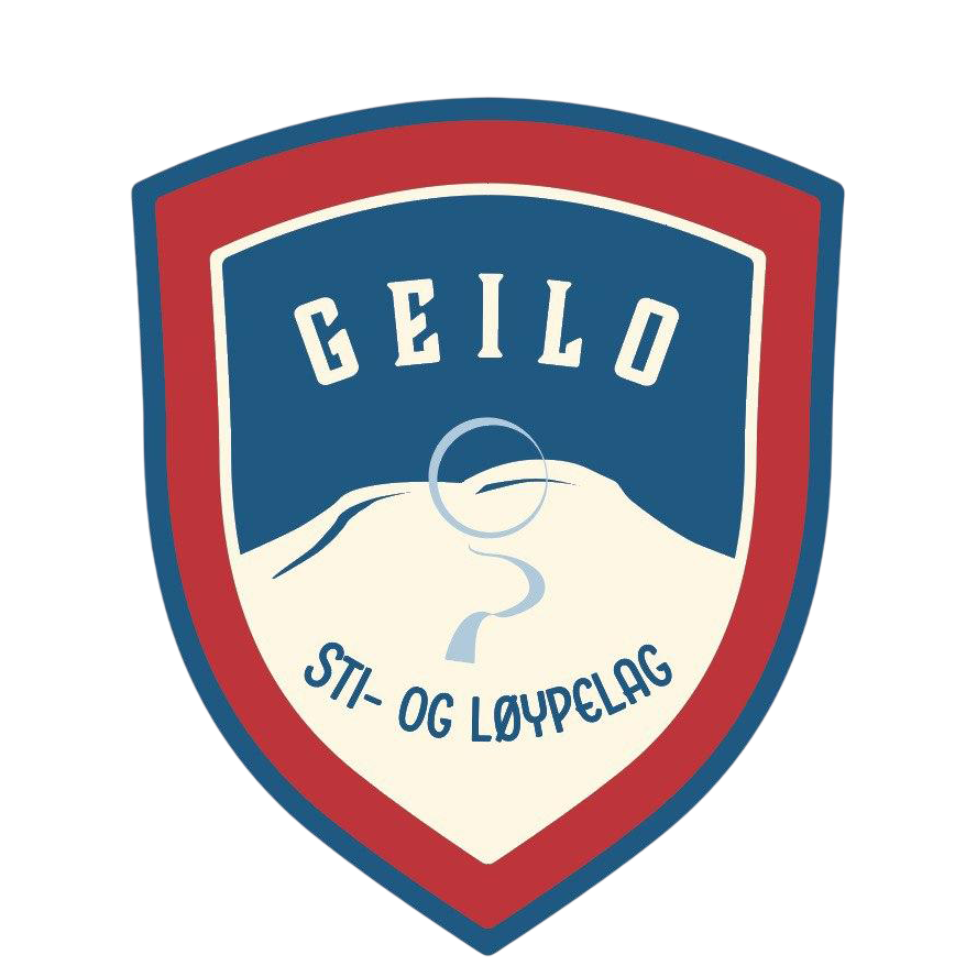 Shield-shaped logo with a red, white, and blue color scheme featuring a silhouette of a hilly landscape, a winding river, and the text "GEILO" with the phrase "STI- OG LOYPLAG" underneath.