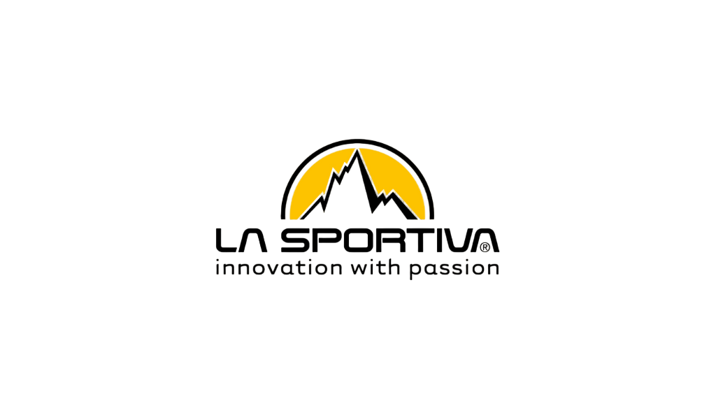 Logo with a mountain silhouette inside a yellow circle and the word 'LASPORTIVA' below it, along with the tagline 'innovation with passion'.