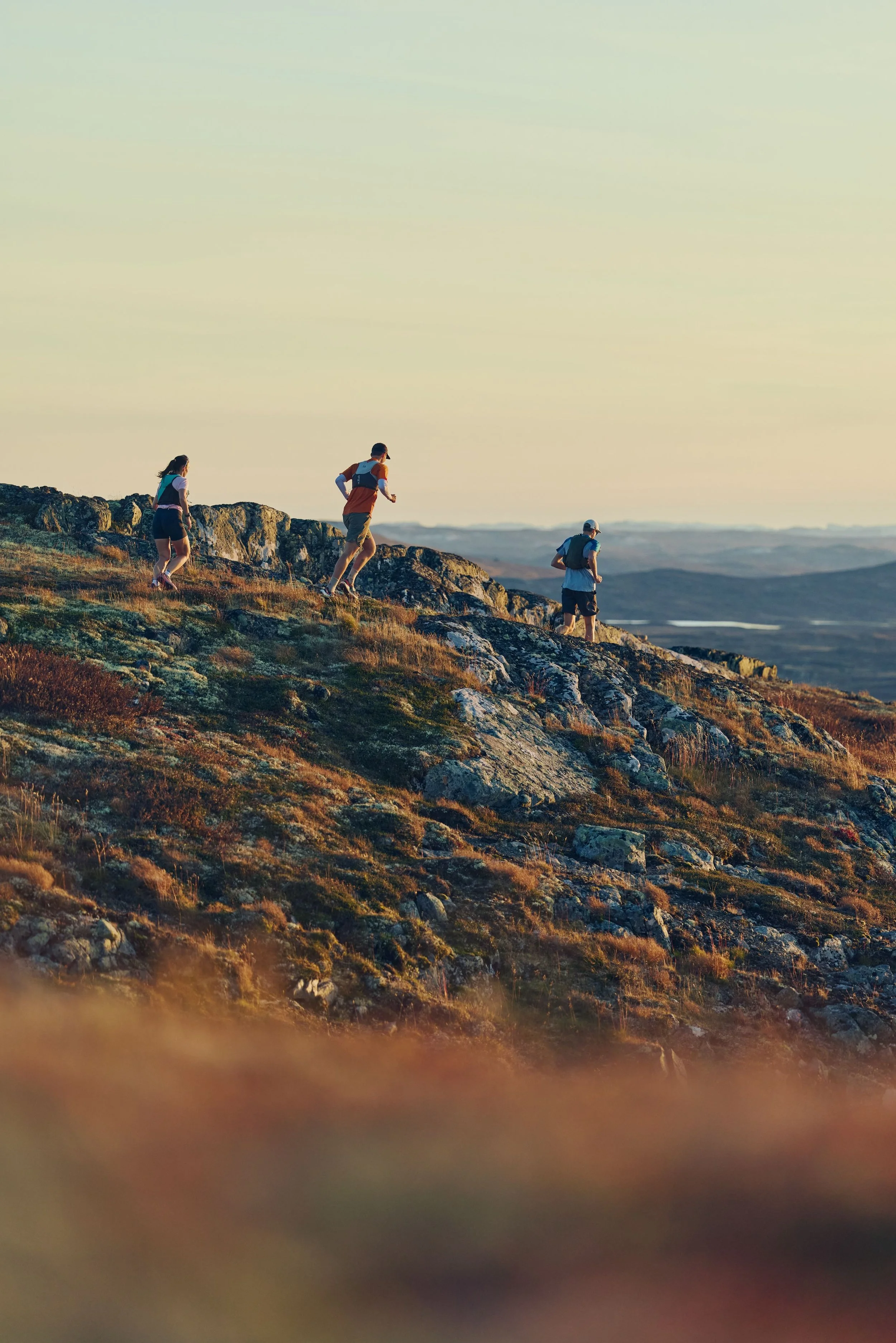 Four people hiking up a rocky hill in a scenic outdoor landscape during sunset.