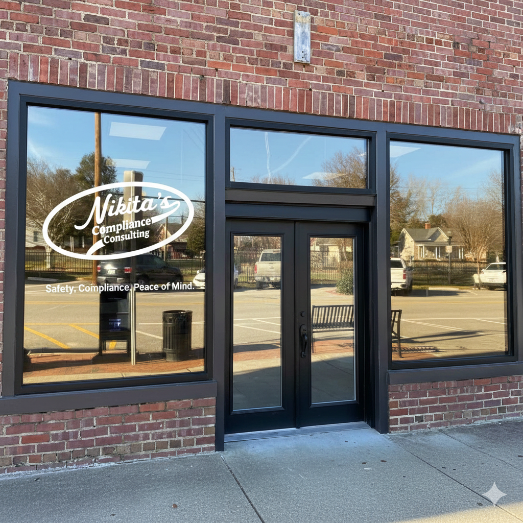 The entrance to a business called Nikita's Compliance Consulting, with large glass windows, a brick exterior, and a glass door. The window displays the company's name and tagline, "Safety, Compliance, Peace of Mind," and reflects an outdoor scene with trees, parked cars, a bench, and houses.