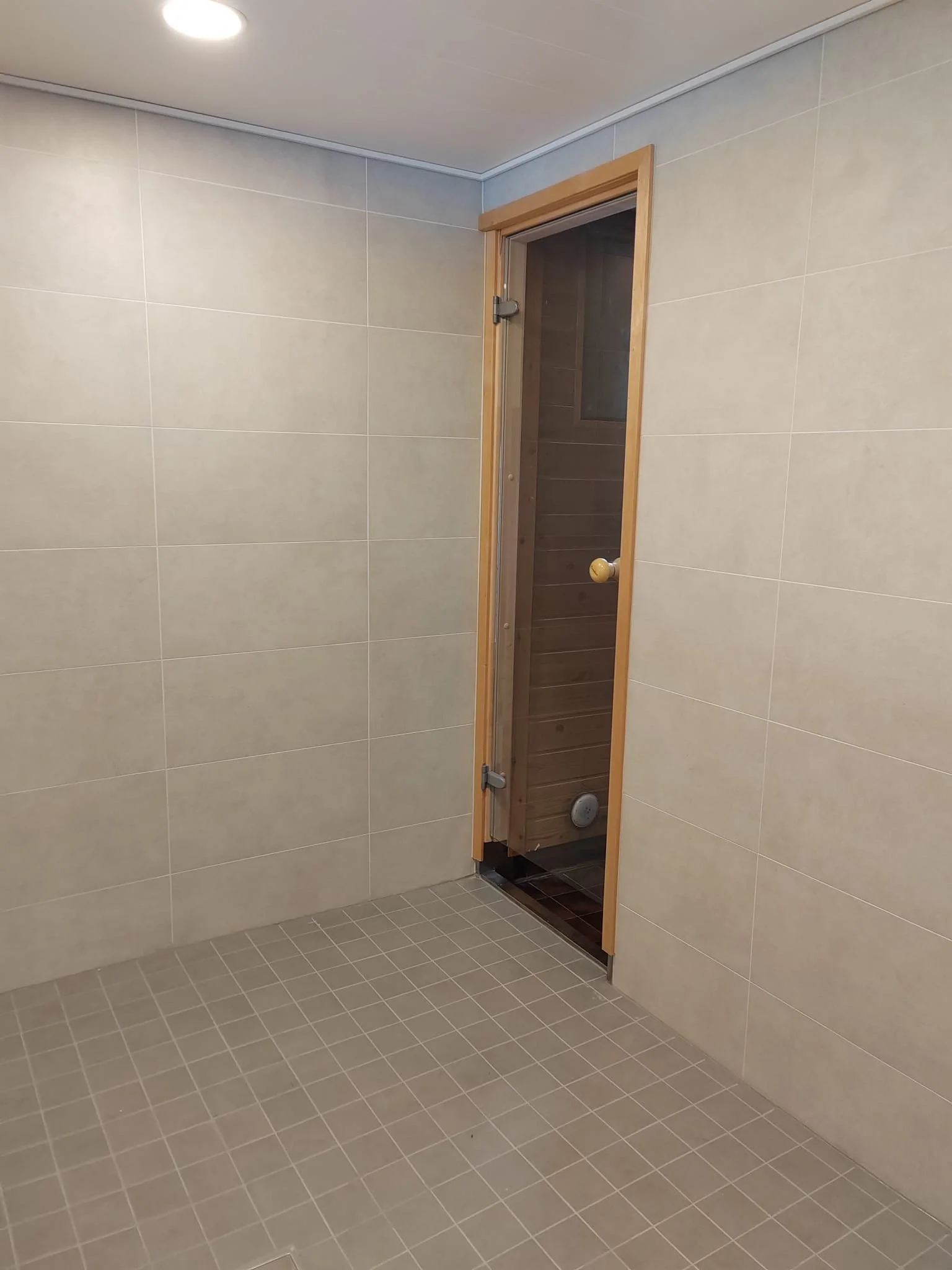 Kuva kylpyhuoneesta, jossa on laatoitetut seinät ja lattia sekä pieni ovi, joka johtaa saunaan.