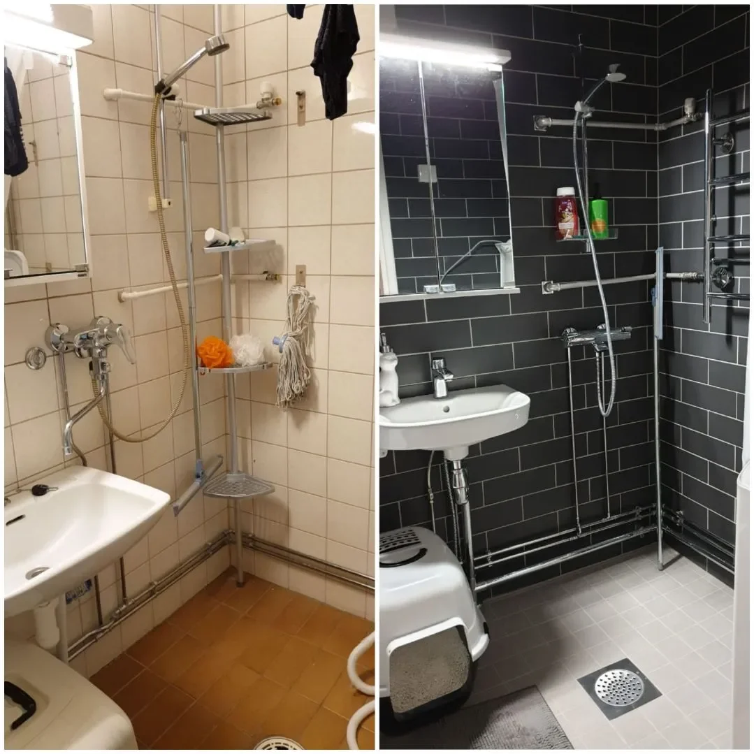 Kaksi erilaista suihku- ja kylpyhuonetta, vasemmalla vanha vaaleanvärinen ja oikealla moderni musta.