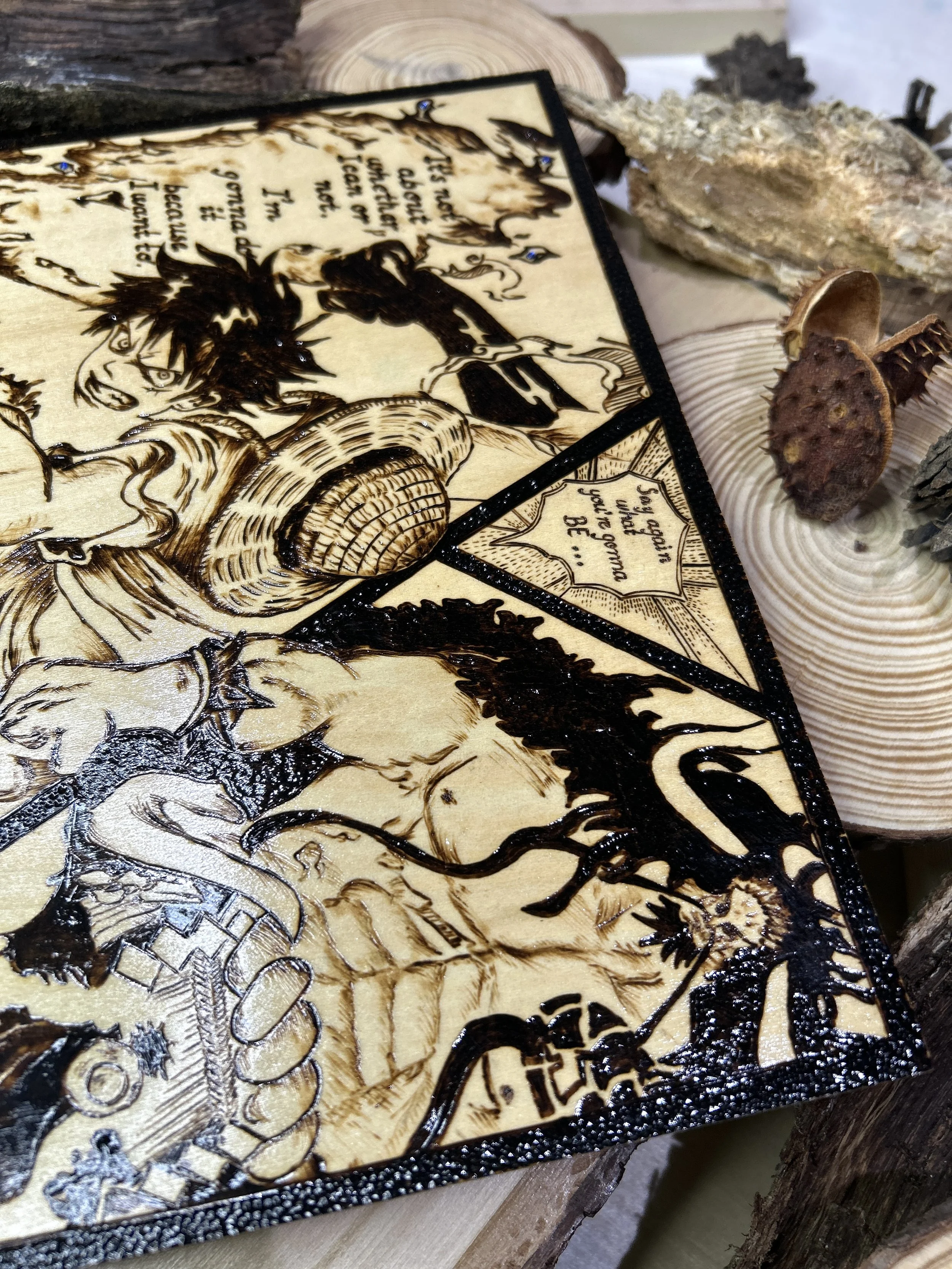Wood-burned pyrography artworks, anime, One Piece, Luffy, Freedom of Wano, handcrafted in original, unique, artisan, one-of-a-kind fantasy decor