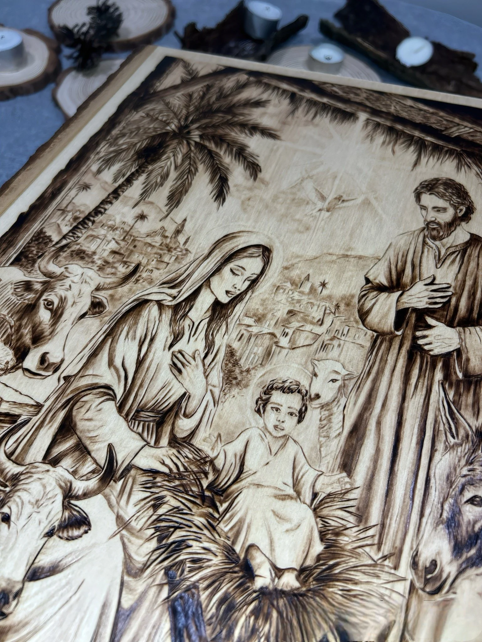 Full front view of Stable Of Grace pyrography artwork on solid hardwood, depicting nativity scene.