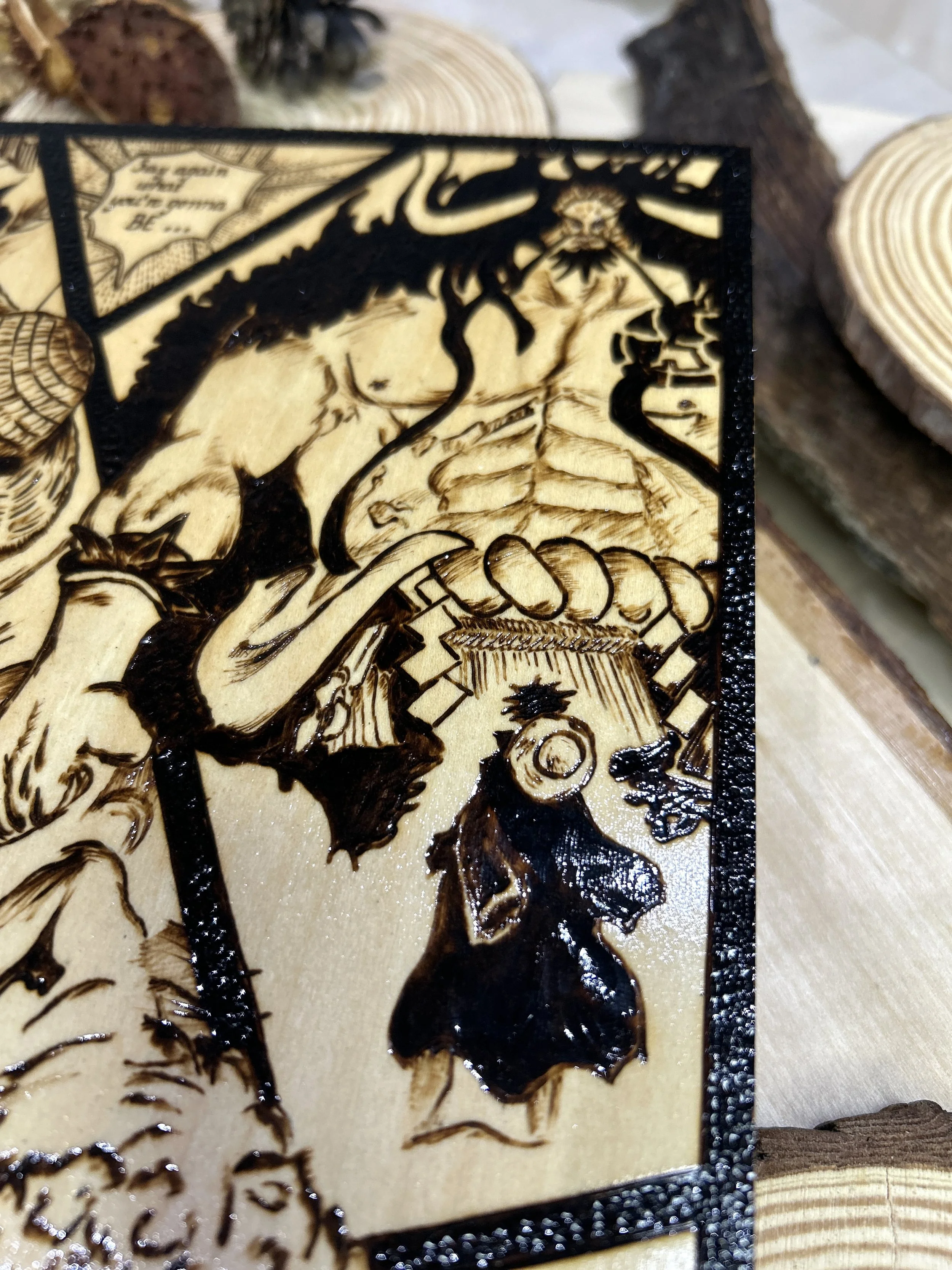 Wood-burned pyrography artworks, anime, One Piece, Luffy, Freedom of Wano, handcrafted in original, unique, artisan, one-of-a-kind fantasy decor