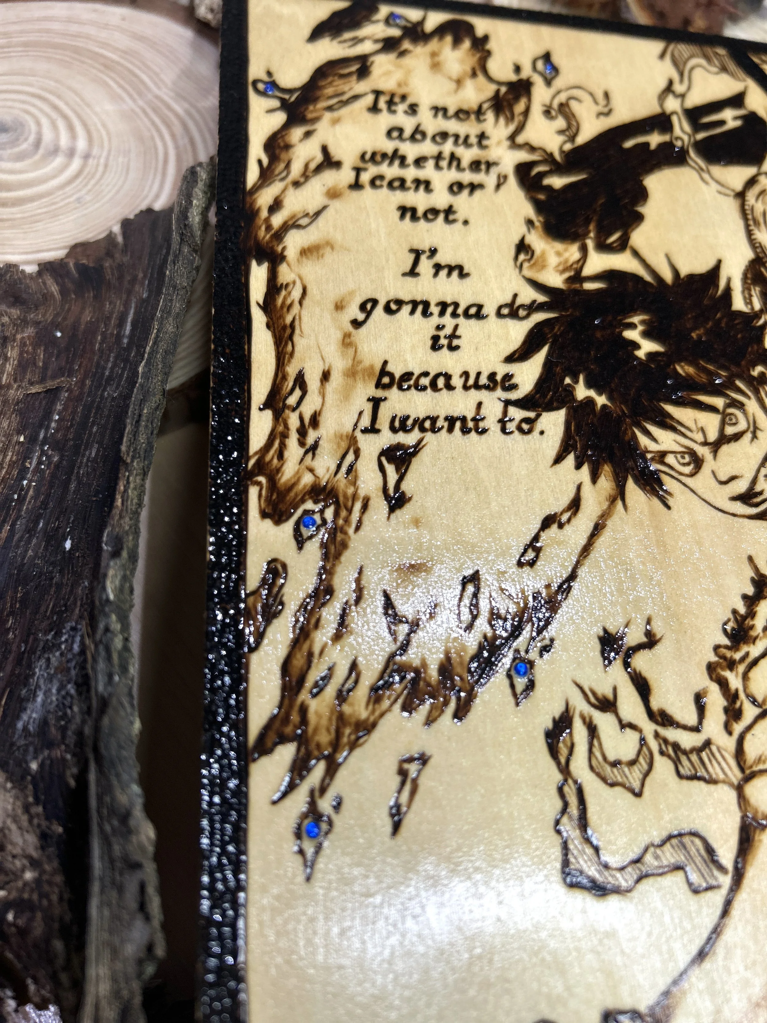 Wood-burned pyrography artworks, anime, One Piece, Luffy, Freedom of Wano, handcrafted in original, unique, artisan, one-of-a-kind fantasy decor