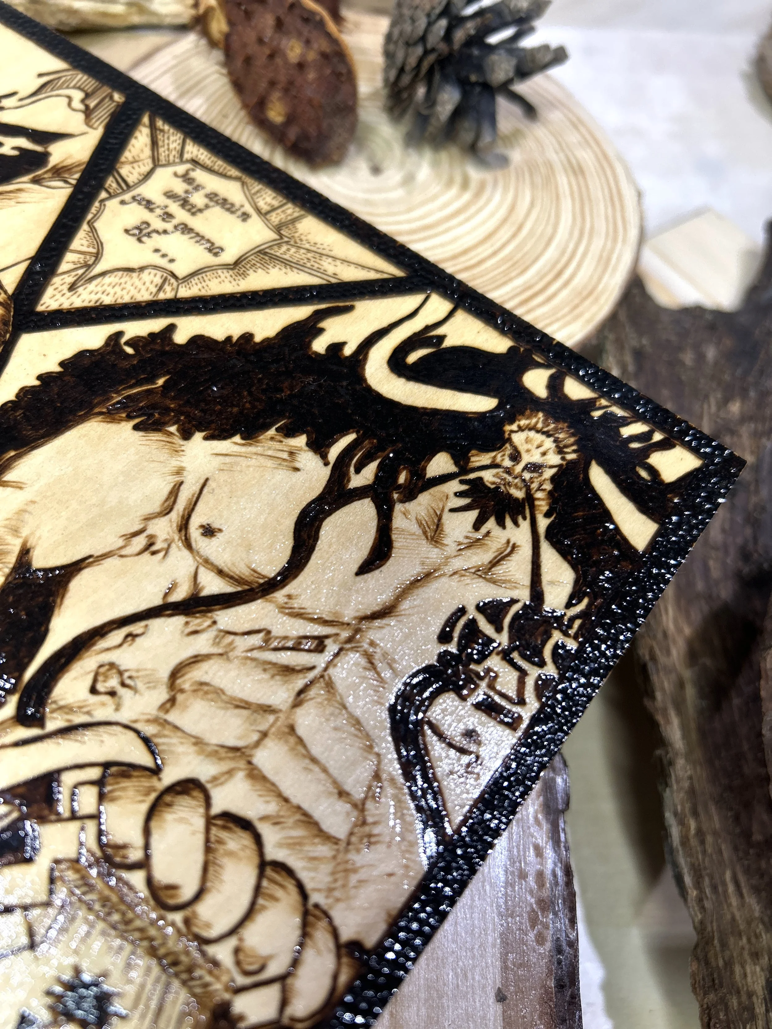 Wood-burned pyrography artworks, anime, One Piece, Luffy, Freedom of Wano, handcrafted in original, unique, artisan, one-of-a-kind fantasy decor
