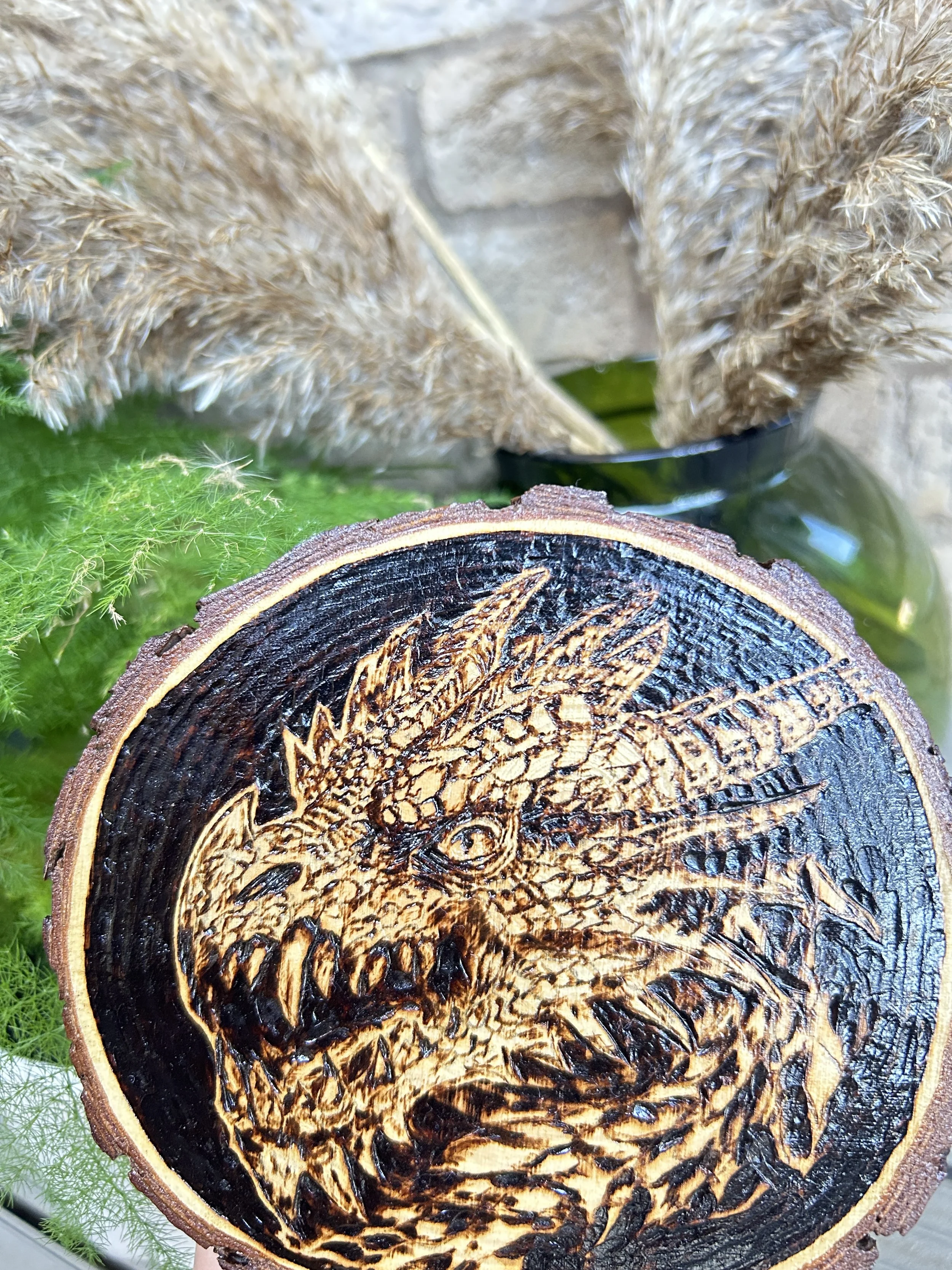 Wood-burned pyrography dragon designs, handcrafted fantasy art in original, unique, artisan, one-of-a-kind decor, detailed wooden creations