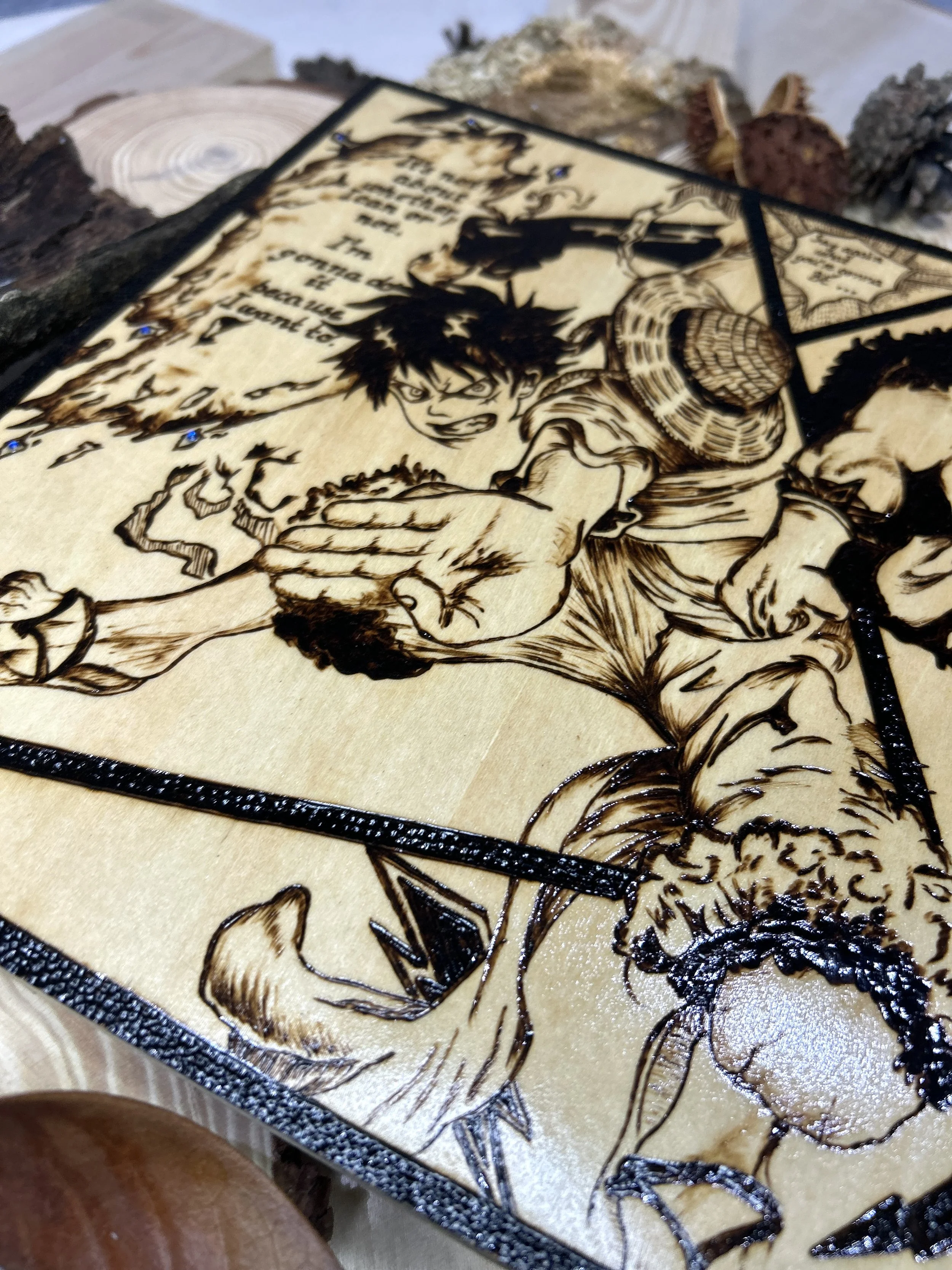 Wood-burned pyrography artworks, anime, One Piece, Luffy, Freedom of Wano, handcrafted in original, unique, artisan, one-of-a-kind fantasy decor