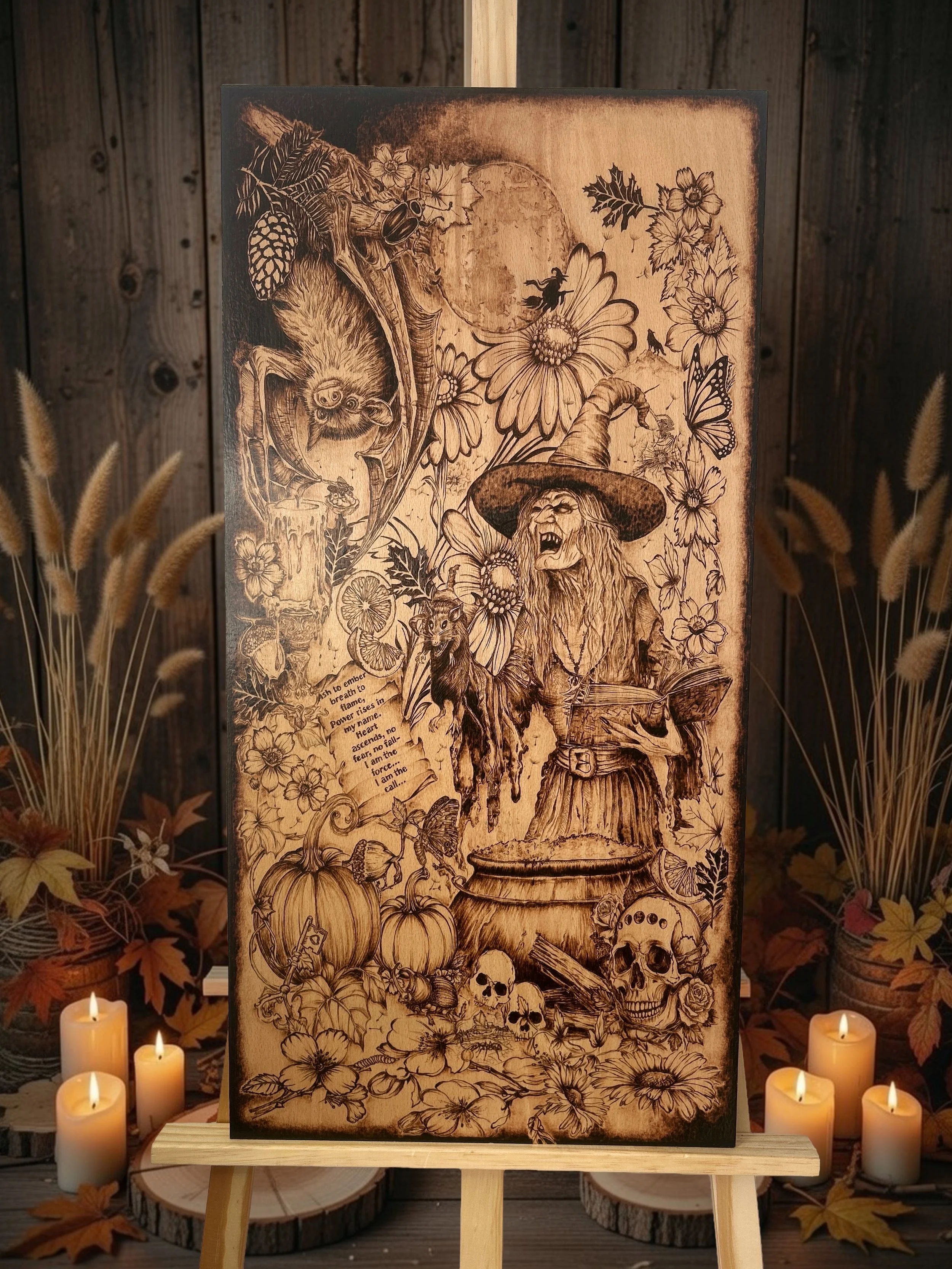 Wood-burned witch artwork with pumpkins, skulls, candles, flowers, and detailed Halloween motifs.