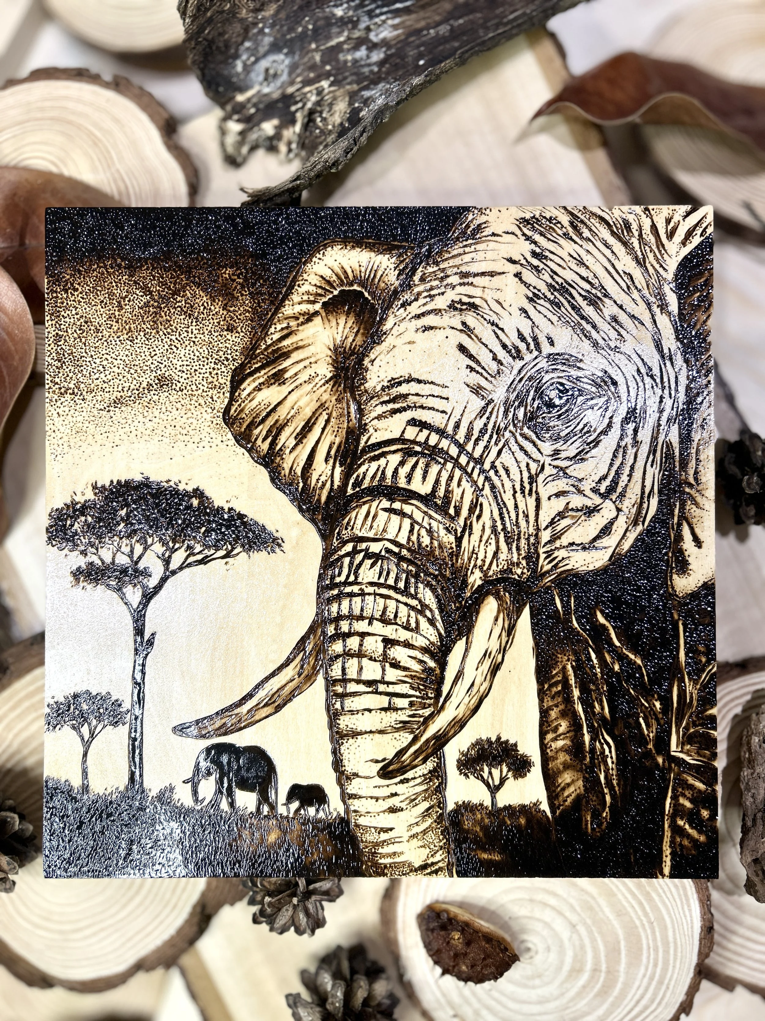 Collection of wood-burned pyrography artworks showcasing handcrafted fantasy art in unique, artisan, one-of-a-kind designs and decor, featuring detailed Savanna Reverie elephant scenes on natural wood