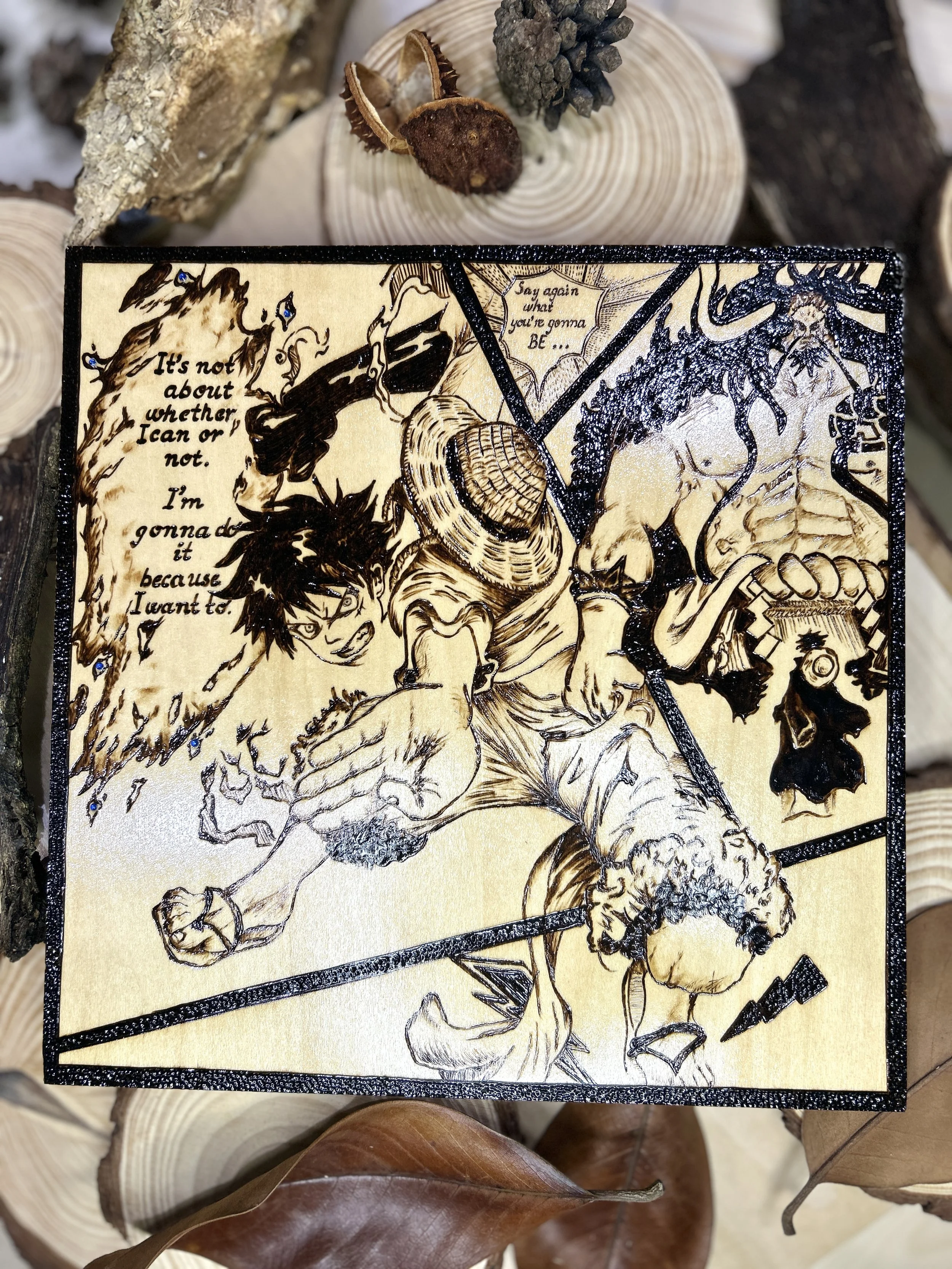 Wood-burned pyrography artworks, anime, One Piece, Luffy, Freedom of Wano, handcrafted in original, unique, artisan, one-of-a-kind fantasy decor