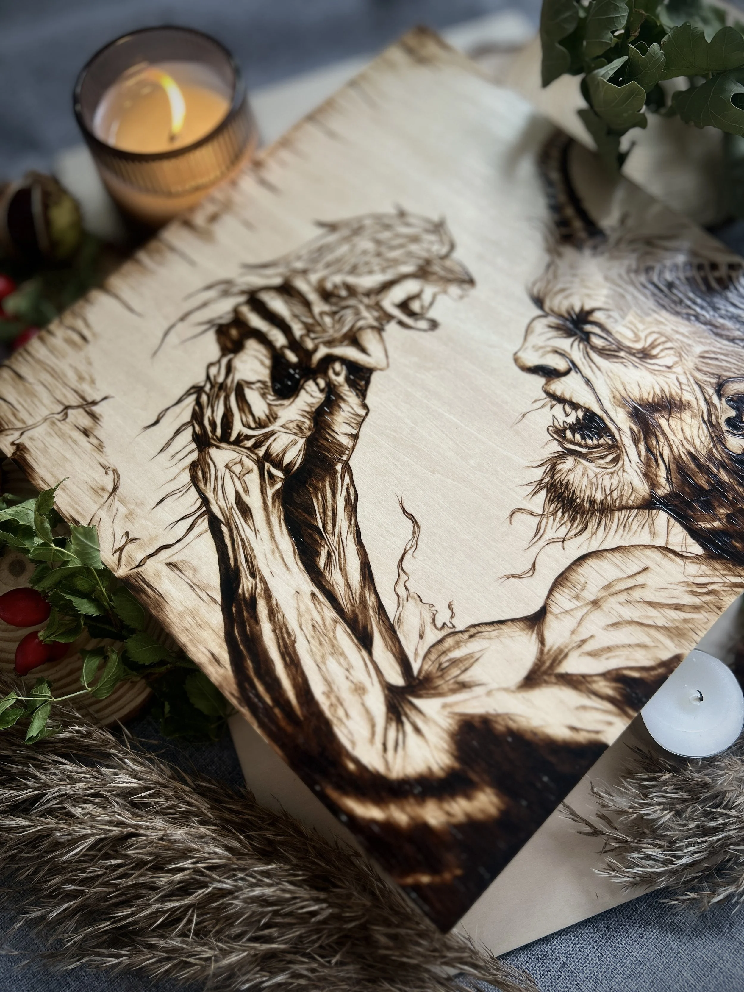 Handcrafted pyrography artwork of a dark fantasy creature in detailed wood-burned style.
