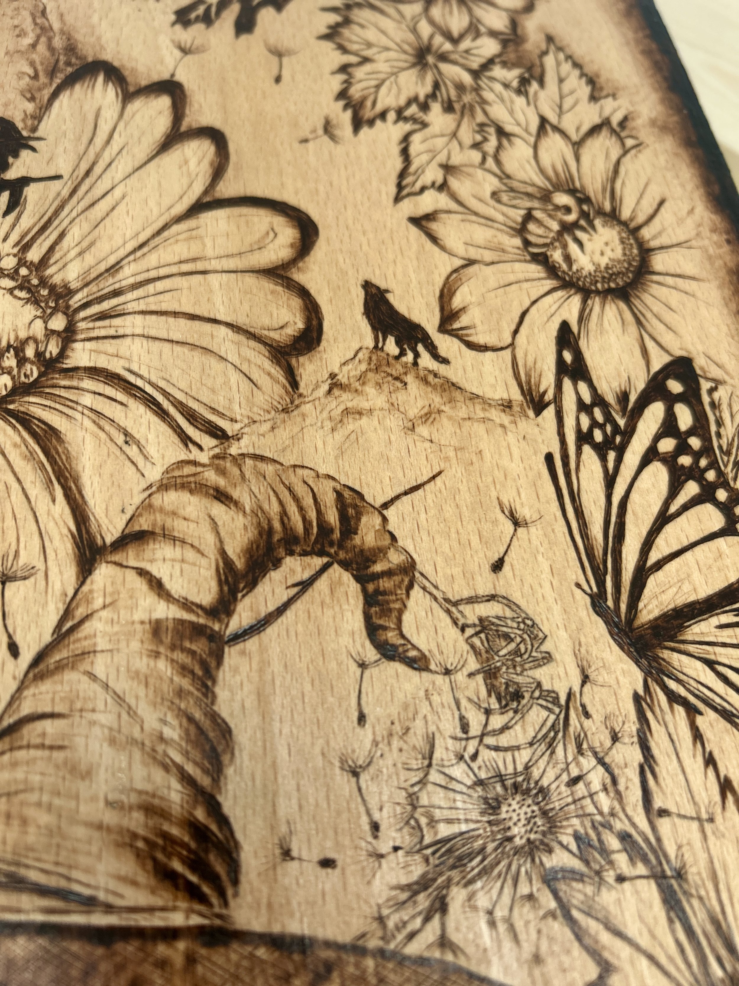 Artistic view of the upper right corner, featuring large flowers, a delicate butterfly, and a flying witch silhouette against a moon.