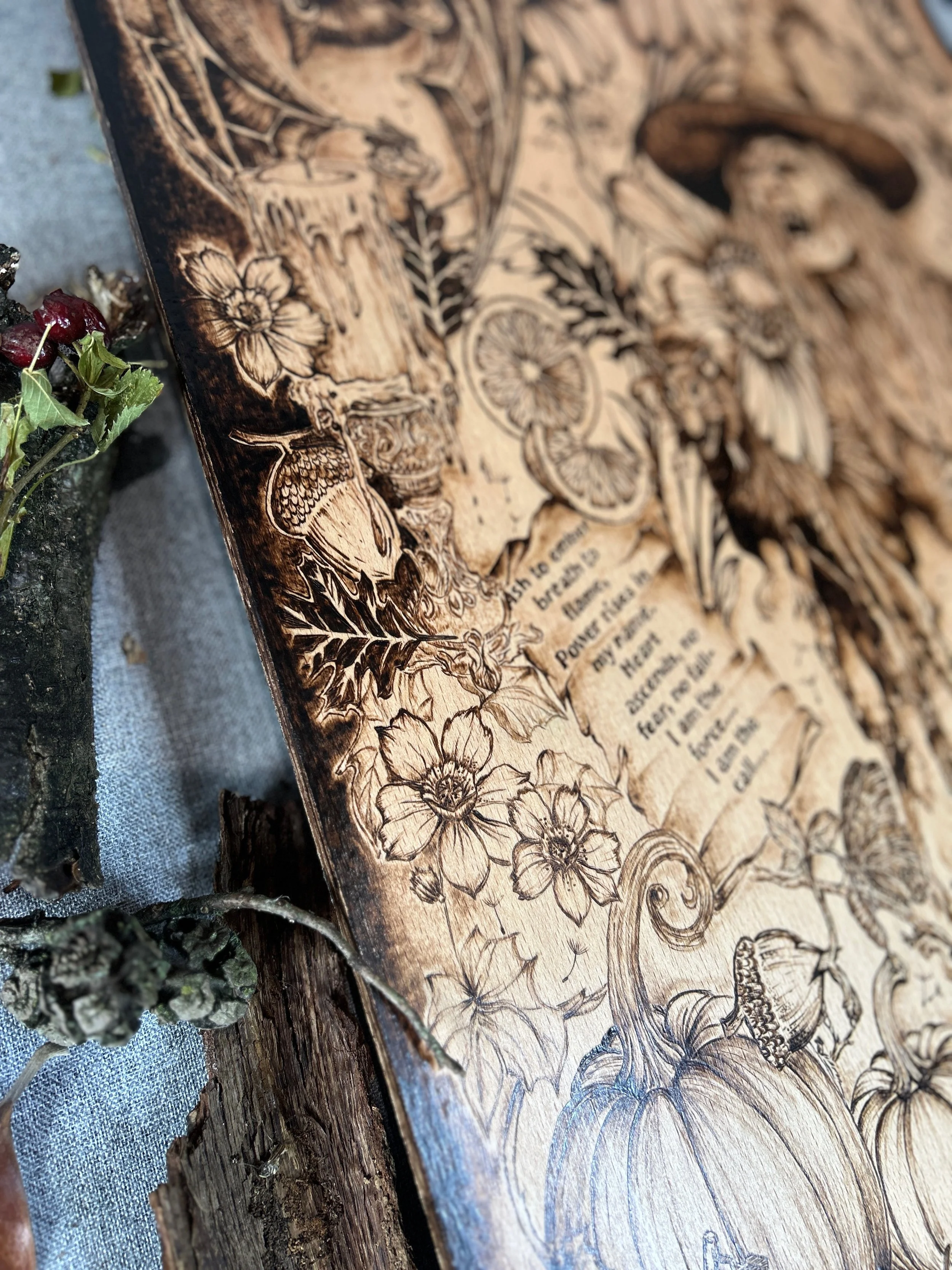 Side angle view of The Darkest Wishes pyrography, showcasing burn depth and dimensionality on selected solid hardwood timber.