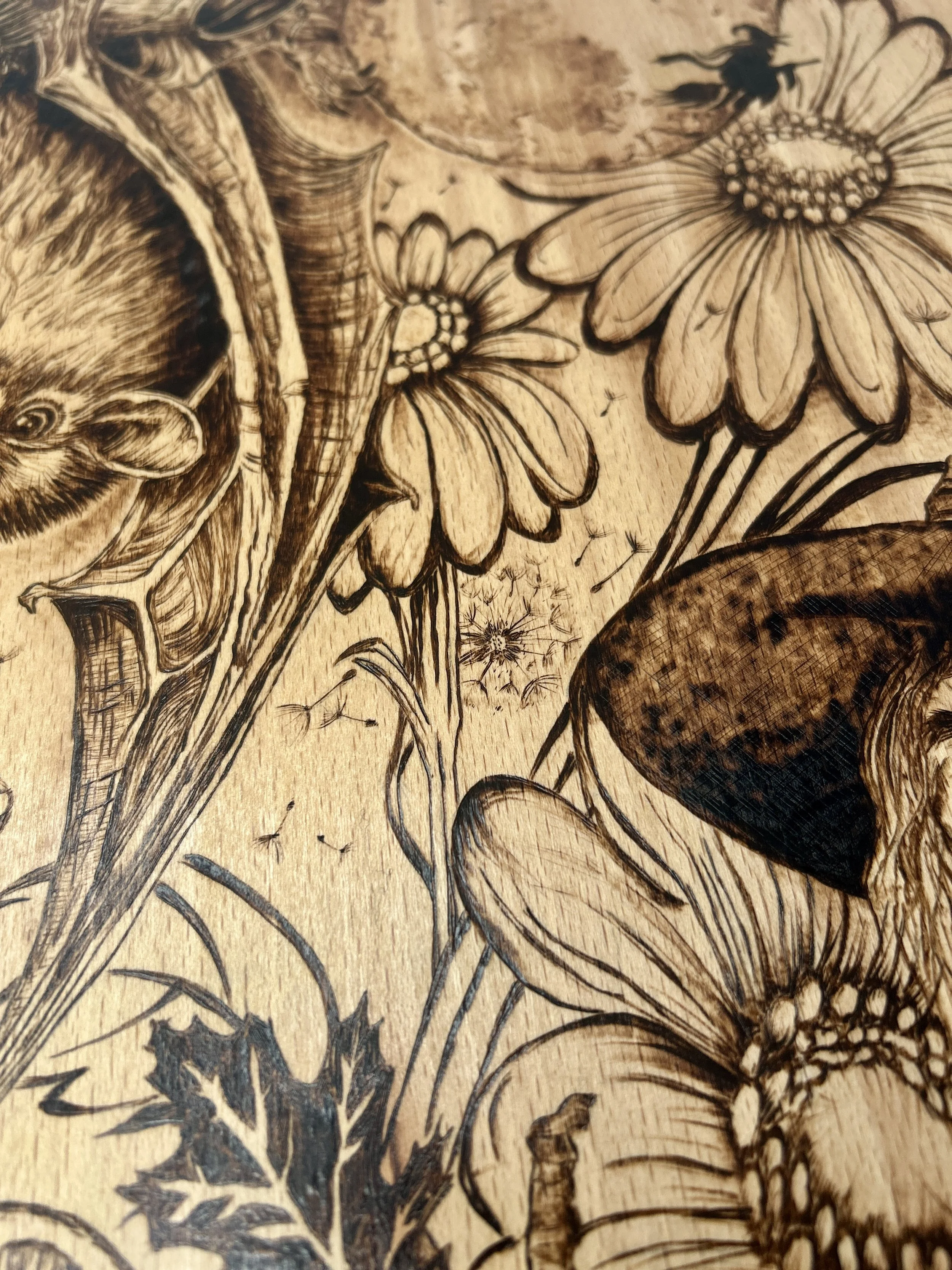 Macro detail of a bat’s wing and a sunflower, showing the contrast between the dark animal features and the light floral petals.