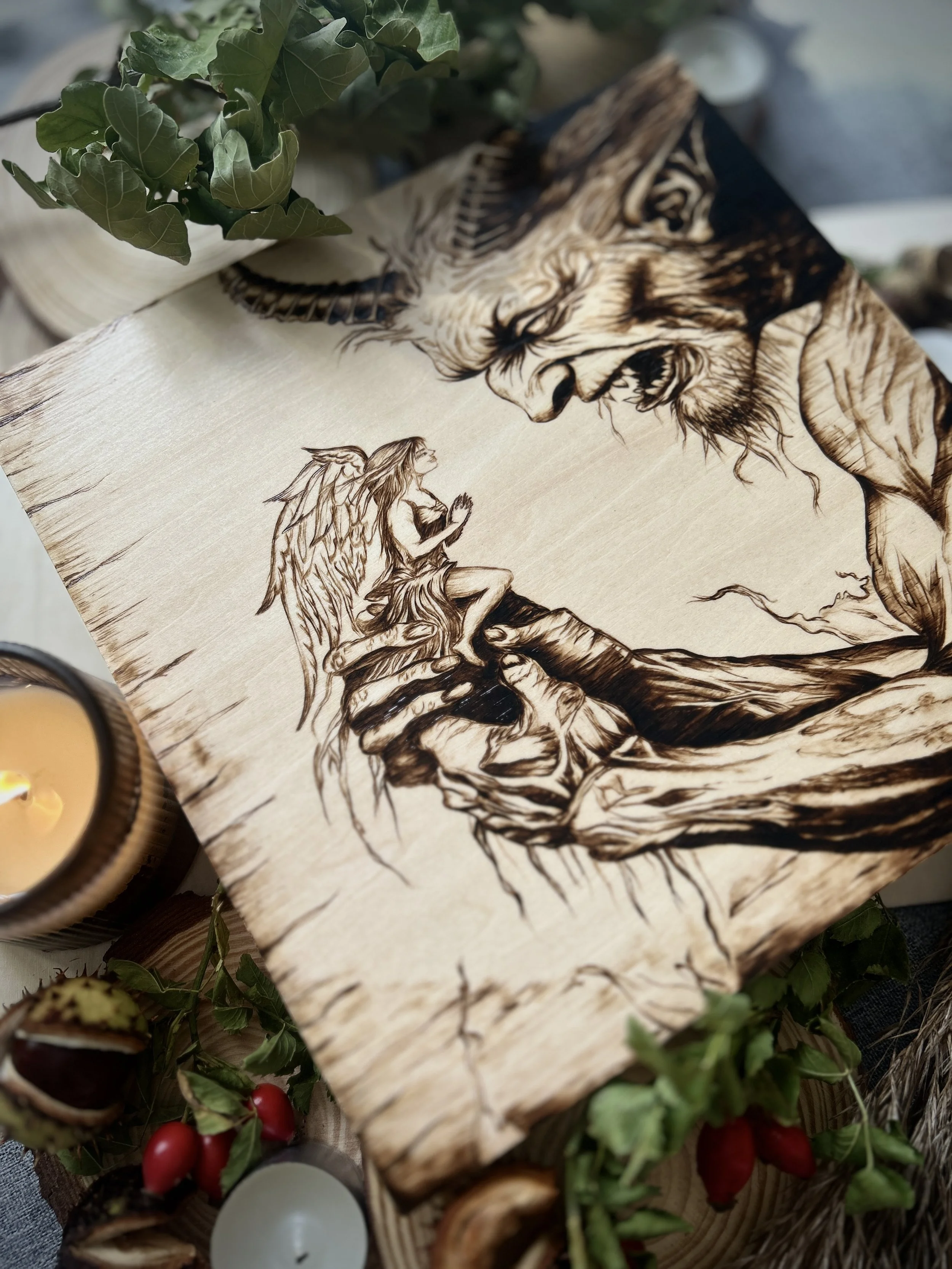 Collection of wood-burned pyrography artworks featuring angels and demons, showcasing handcrafted fantasy art in unique, artisan, one-of-a-kind designs and decor