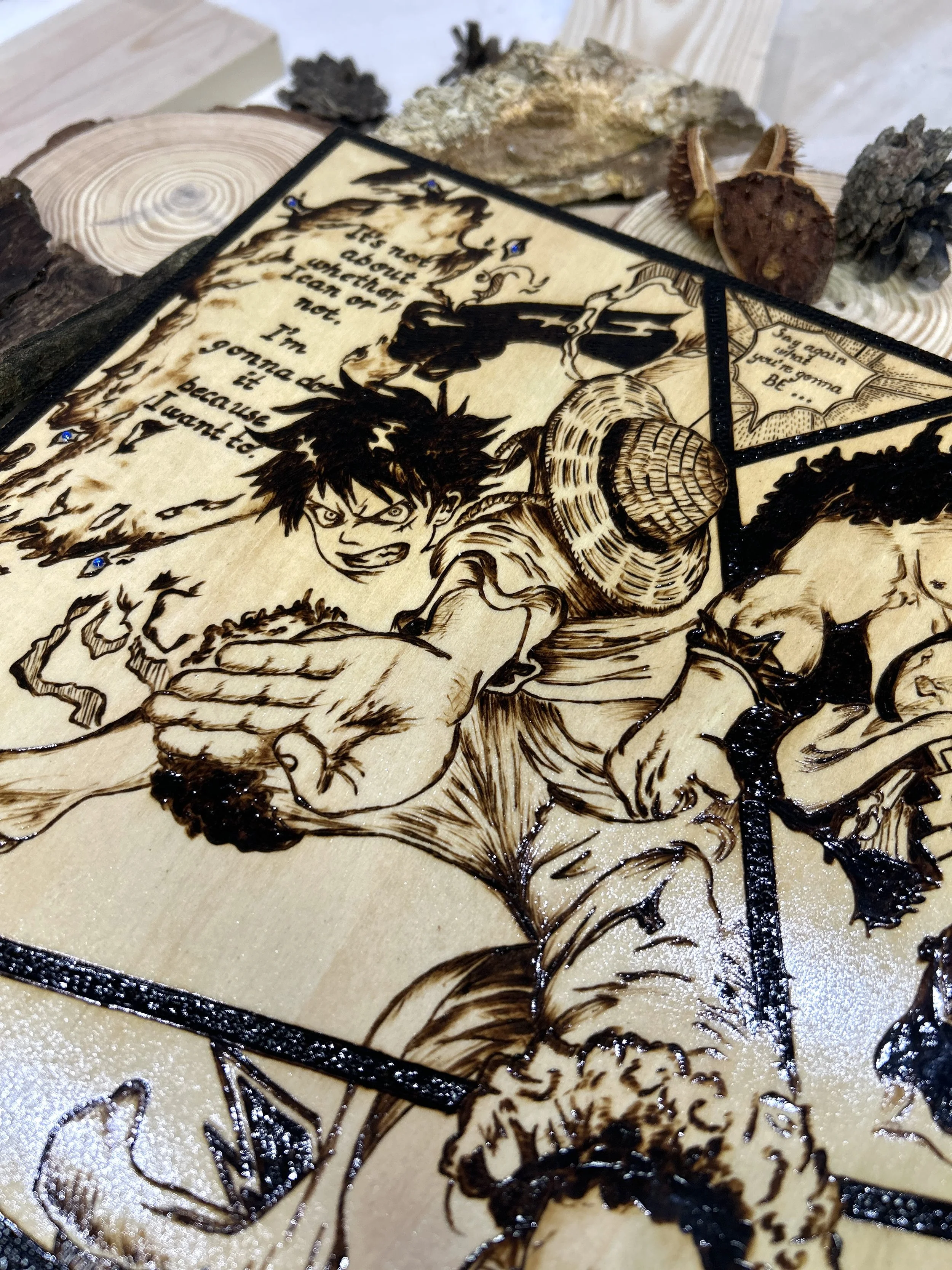 Wood-burned pyrography artworks, anime, One Piece, Luffy, Freedom of Wano, handcrafted in original, unique, artisan, one-of-a-kind fantasy decor