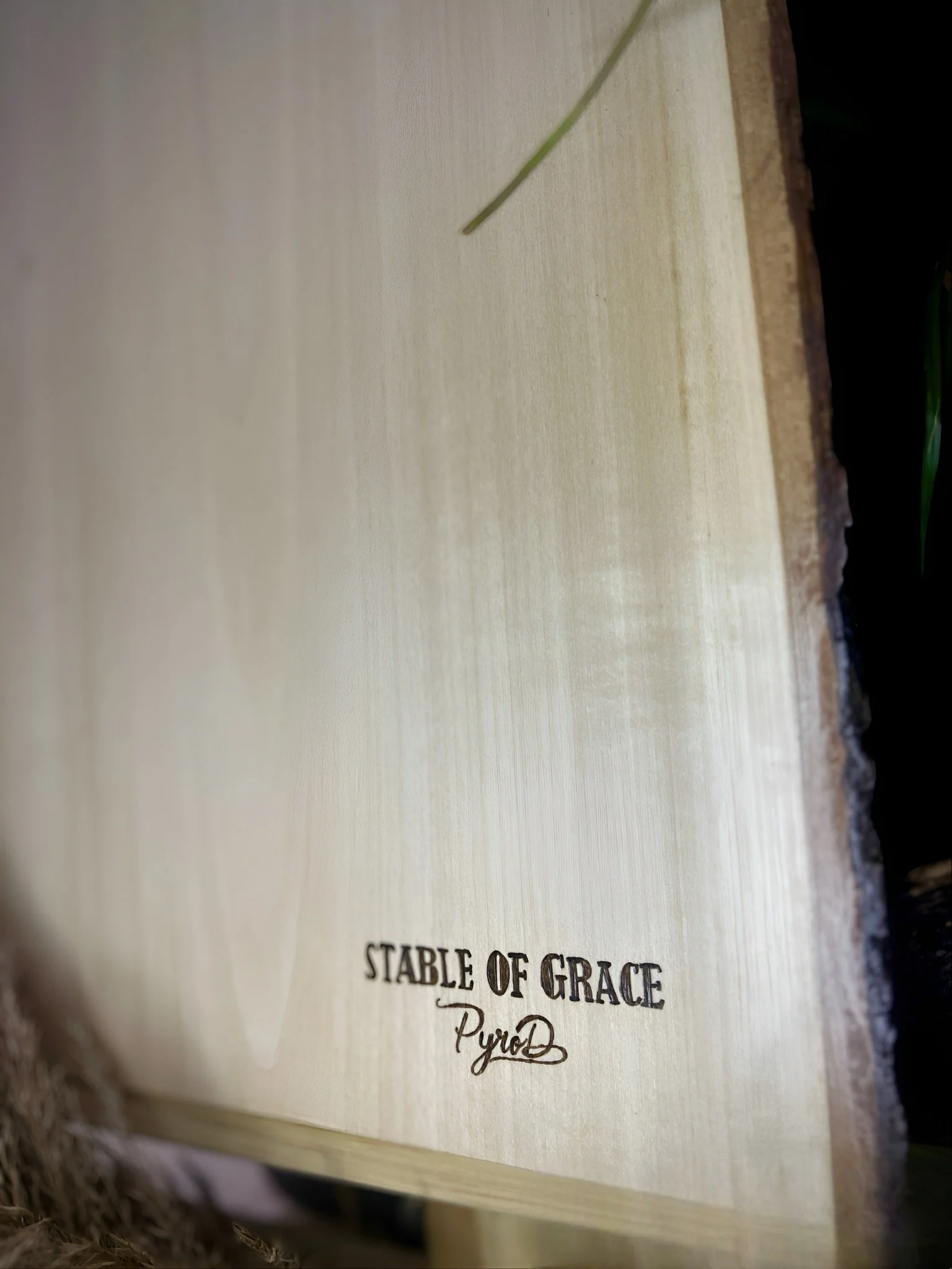 Edge view of Stable of Grace pyrograpy, showing solid hardwood timber material and Pyro D's artist signature