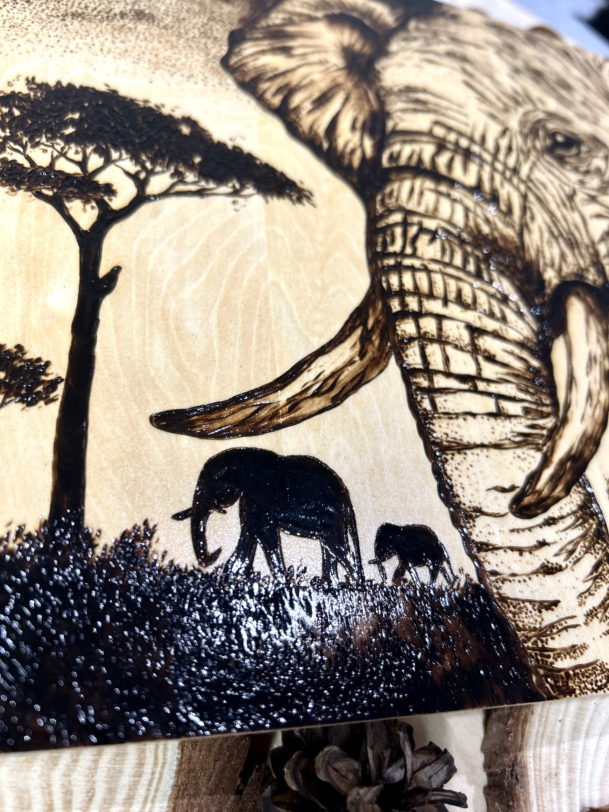Collection of wood-burned pyrography artworks showcasing handcrafted fantasy art in unique, artisan, one-of-a-kind designs and decor, featuring detailed Savanna Reverie elephant scenes on natural wood