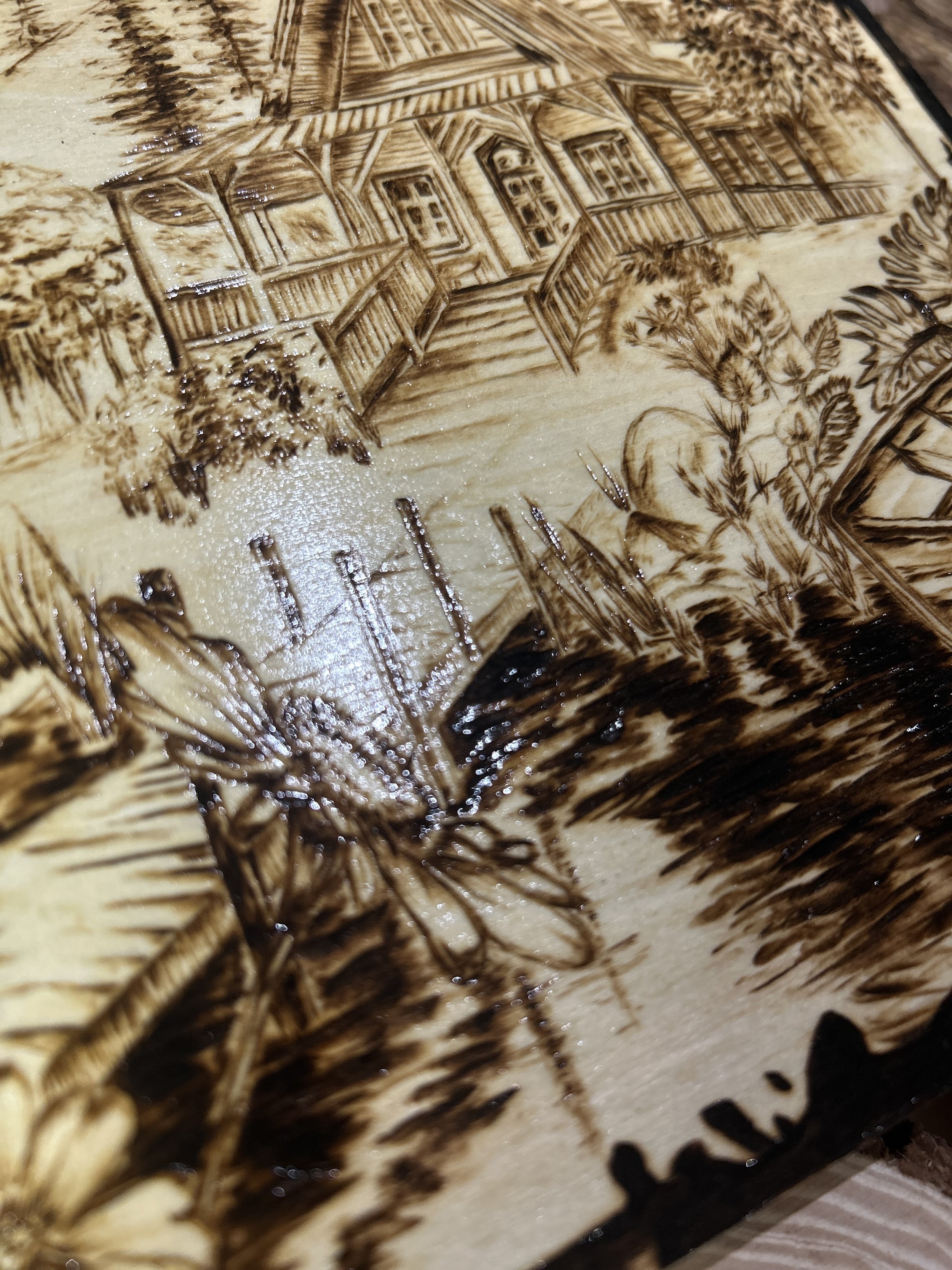 Collection of wood-burned pyrography artworks showcasing handcrafted fantasy art in unique, artisan, one-of-a-kind designs and decor, featuring detailed Dusk Hollow scenes on natural wood