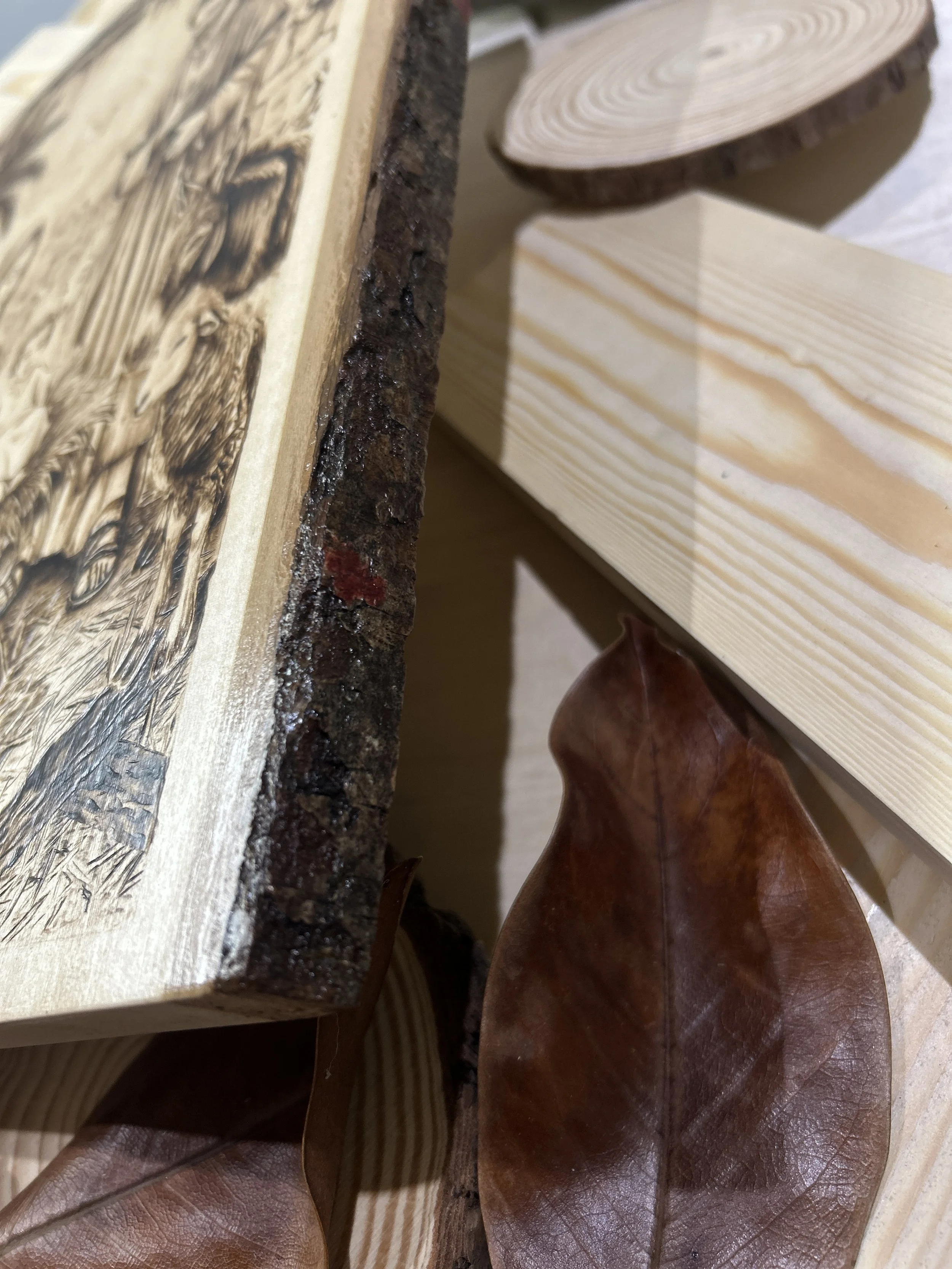 Wood-burned pyrography artworks, handcrafted fantasy art in unique, artisan, one-of-a-kind designs and decor, detailed nativity scenes on natural wood, religious festive Christmas themes