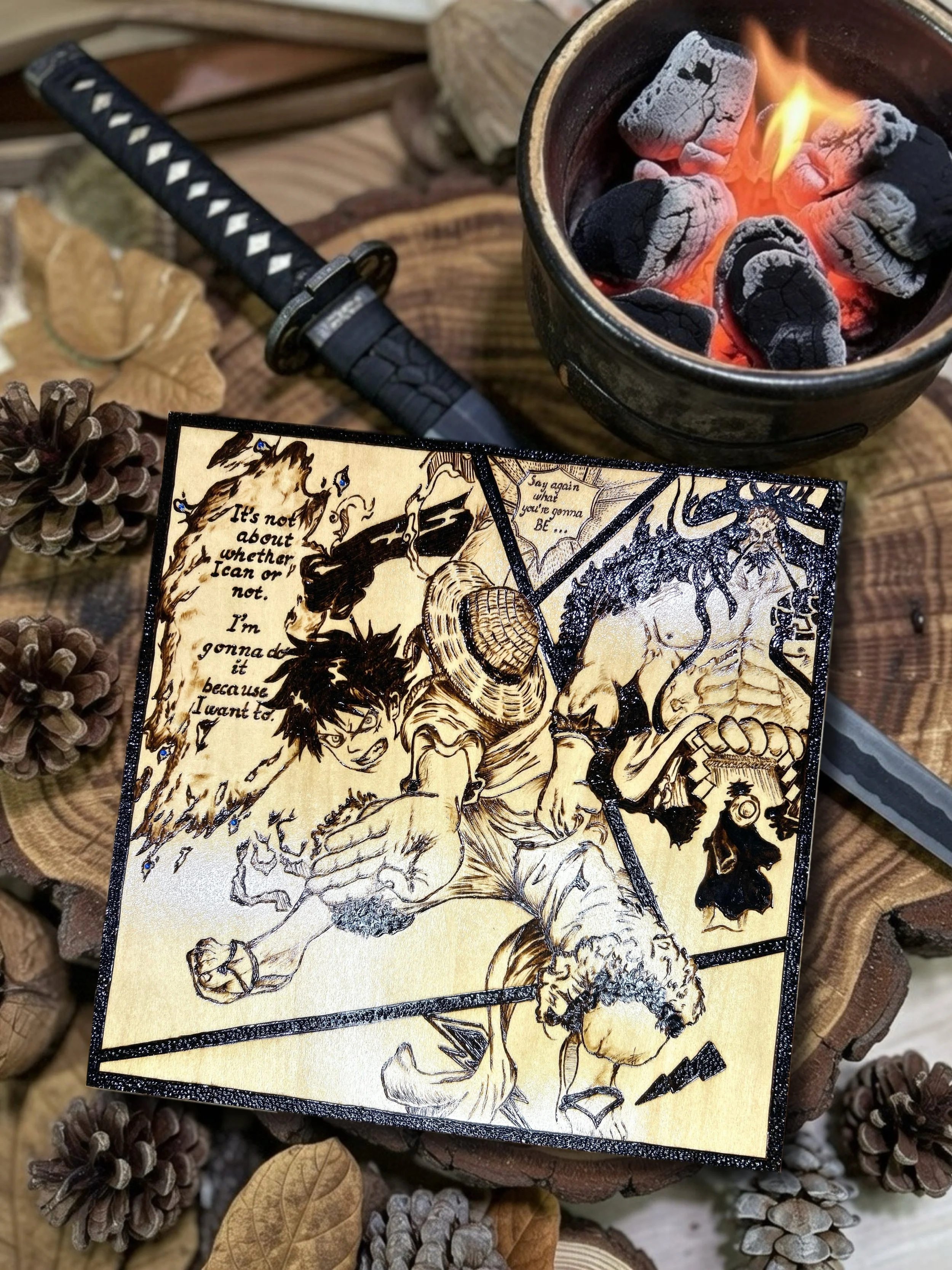 Wood-burned One Piece anime artwork featuring Luffy and other characters in a detailed anime design.