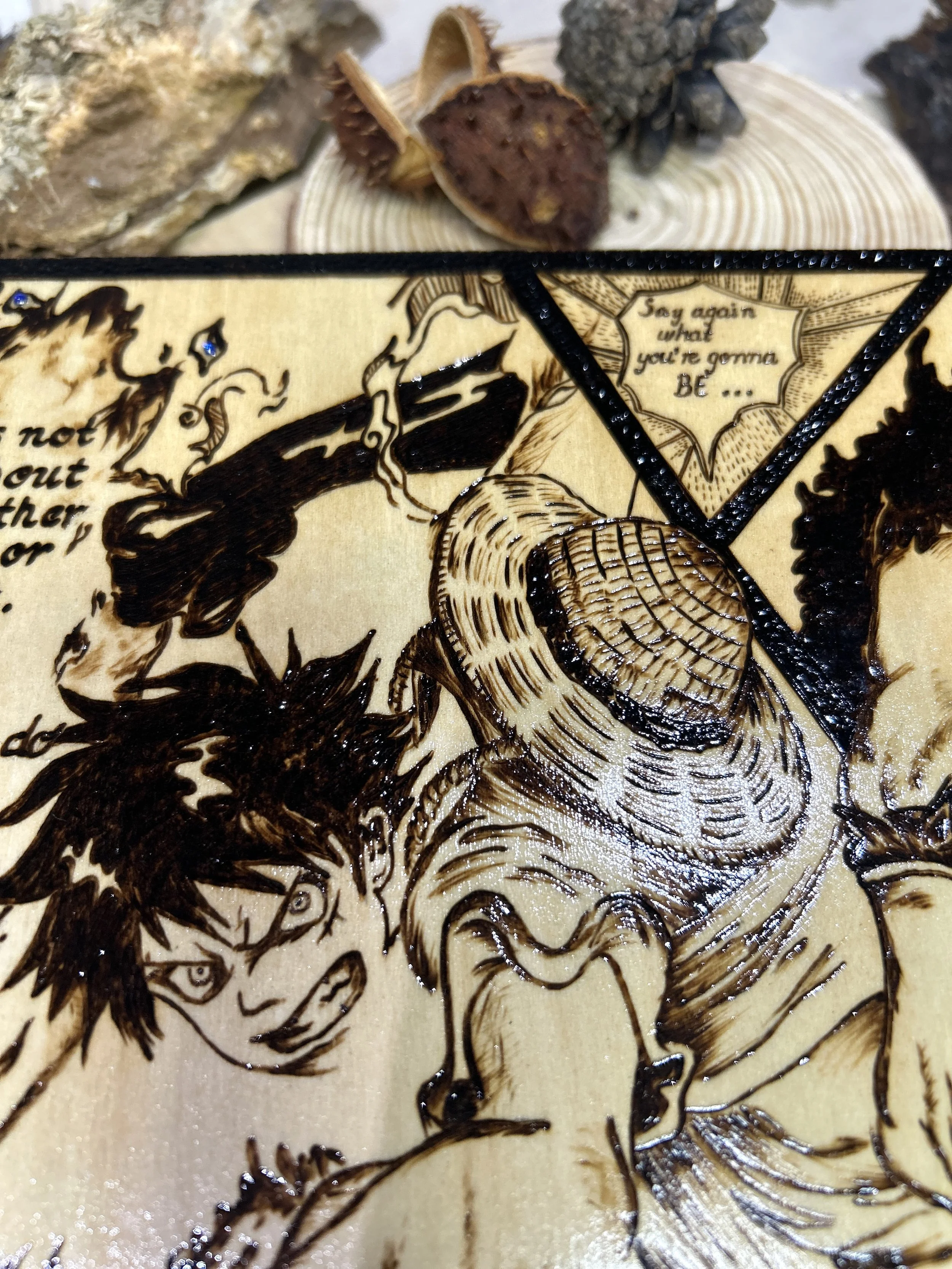 Wood-burned pyrography artworks, anime, One Piece, Luffy, Freedom of Wano, handcrafted in original, unique, artisan, one-of-a-kind fantasy decor