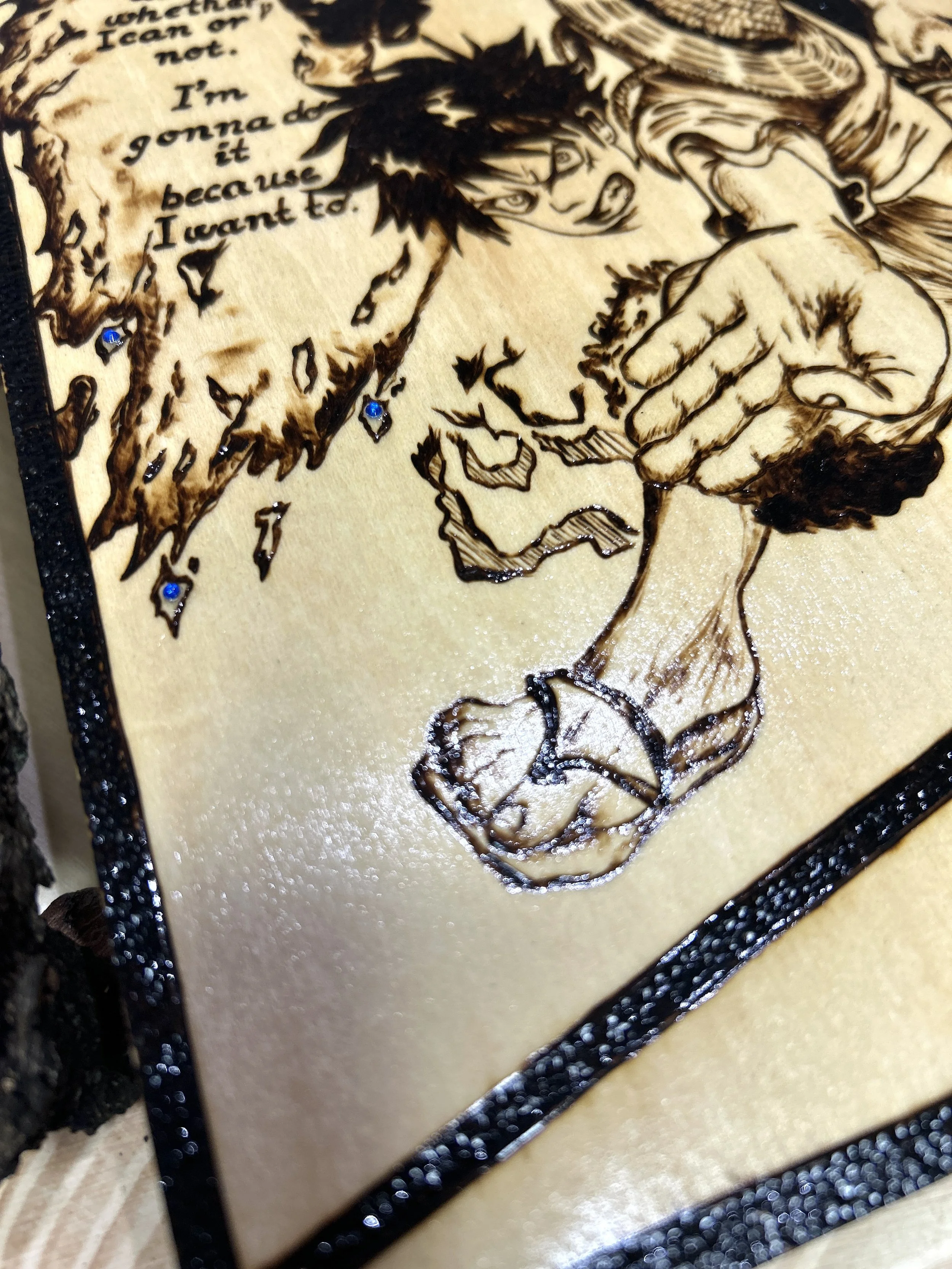 Wood-burned pyrography artworks, anime, One Piece, Luffy, Freedom of Wano, handcrafted in original, unique, artisan, one-of-a-kind fantasy decor
