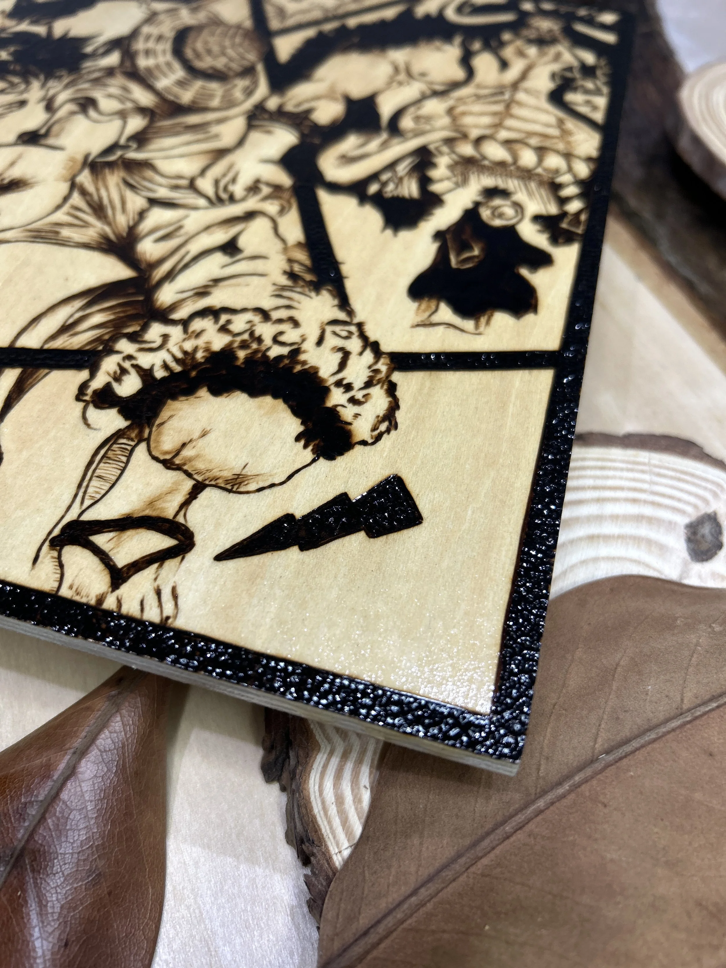 Wood-burned pyrography artworks, anime, One Piece, Luffy, Freedom of Wano, handcrafted in original, unique, artisan, one-of-a-kind fantasy decor