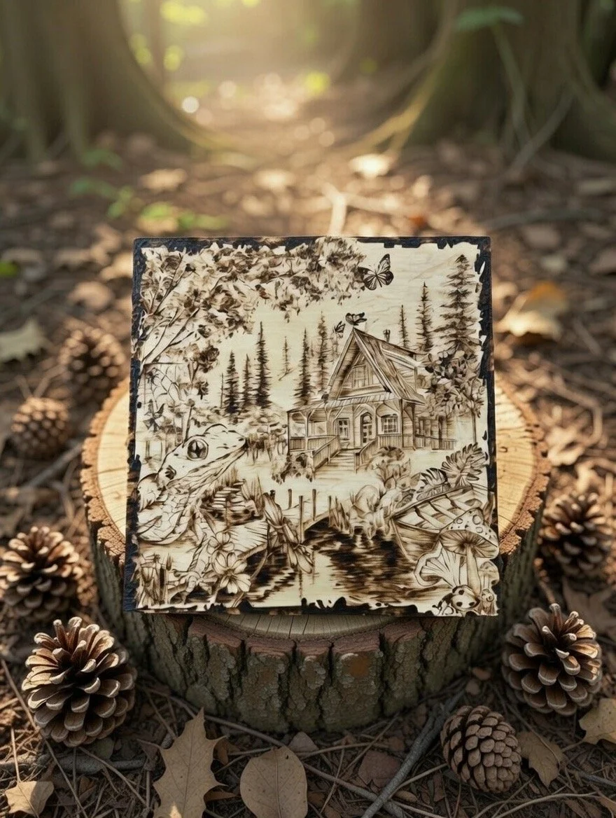 Wood-burned cabin artwork featuring pine trees, wildlife, and a detailed forest landscape.