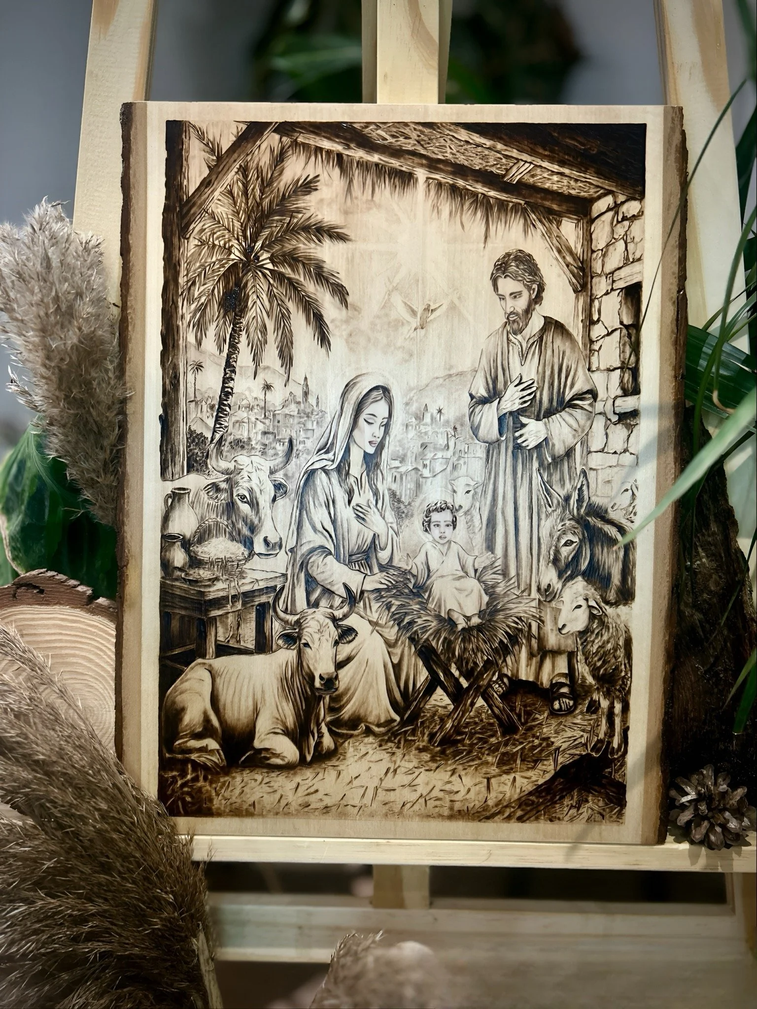 Stable Of Grace pyrography artwork installed in interior space, solid hardwood timber.