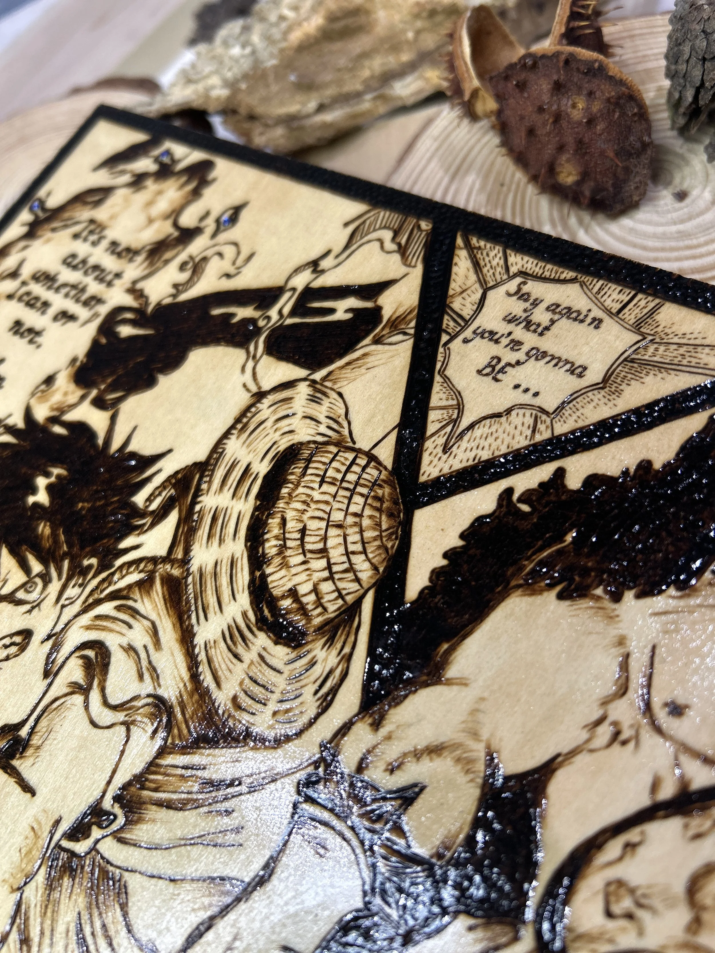 Wood-burned pyrography artworks, anime, One Piece, Luffy, Freedom of Wano, handcrafted in original, unique, artisan, one-of-a-kind fantasy decor