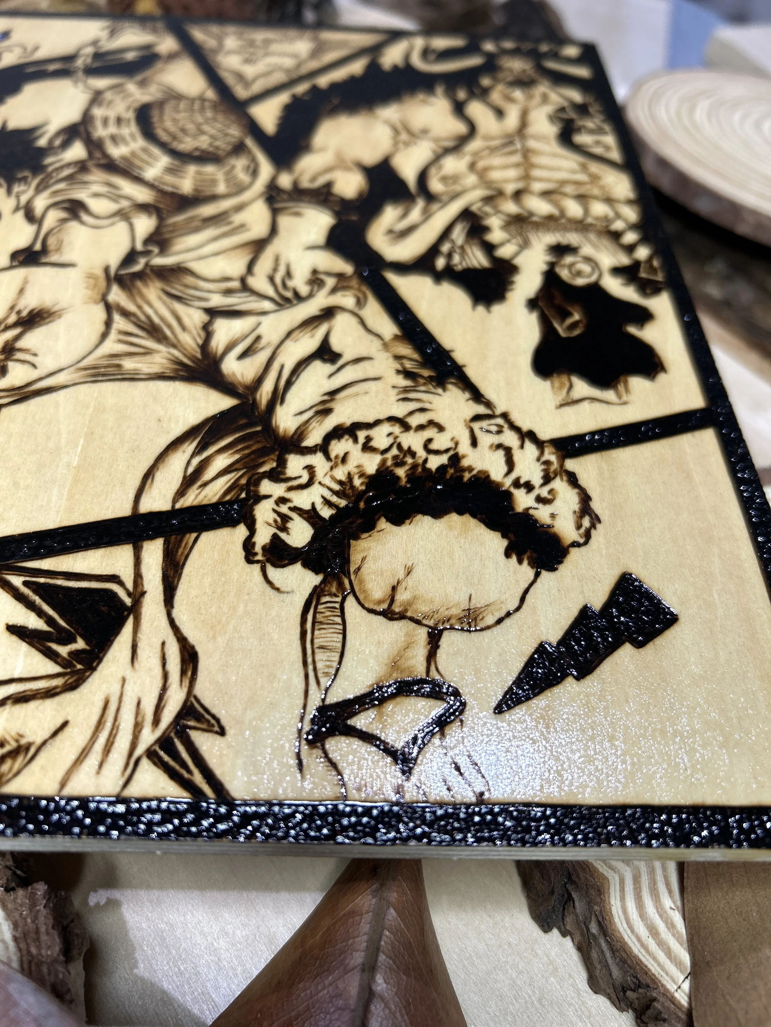 Wood-burned pyrography artworks, anime, One Piece, Luffy, Freedom of Wano, handcrafted in original, unique, artisan, one-of-a-kind fantasy decor