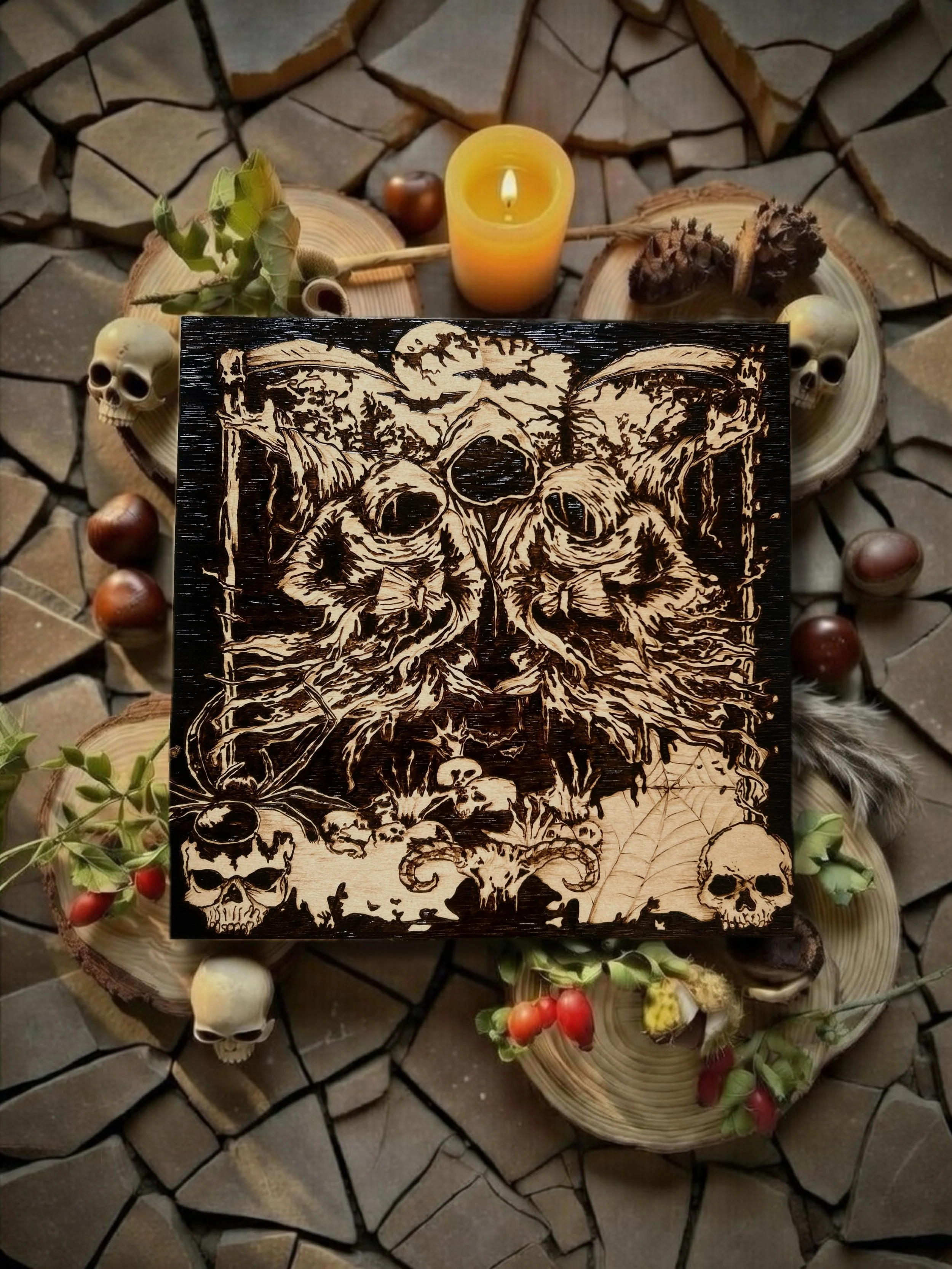 Gothic skull-themed wood-burned artwork