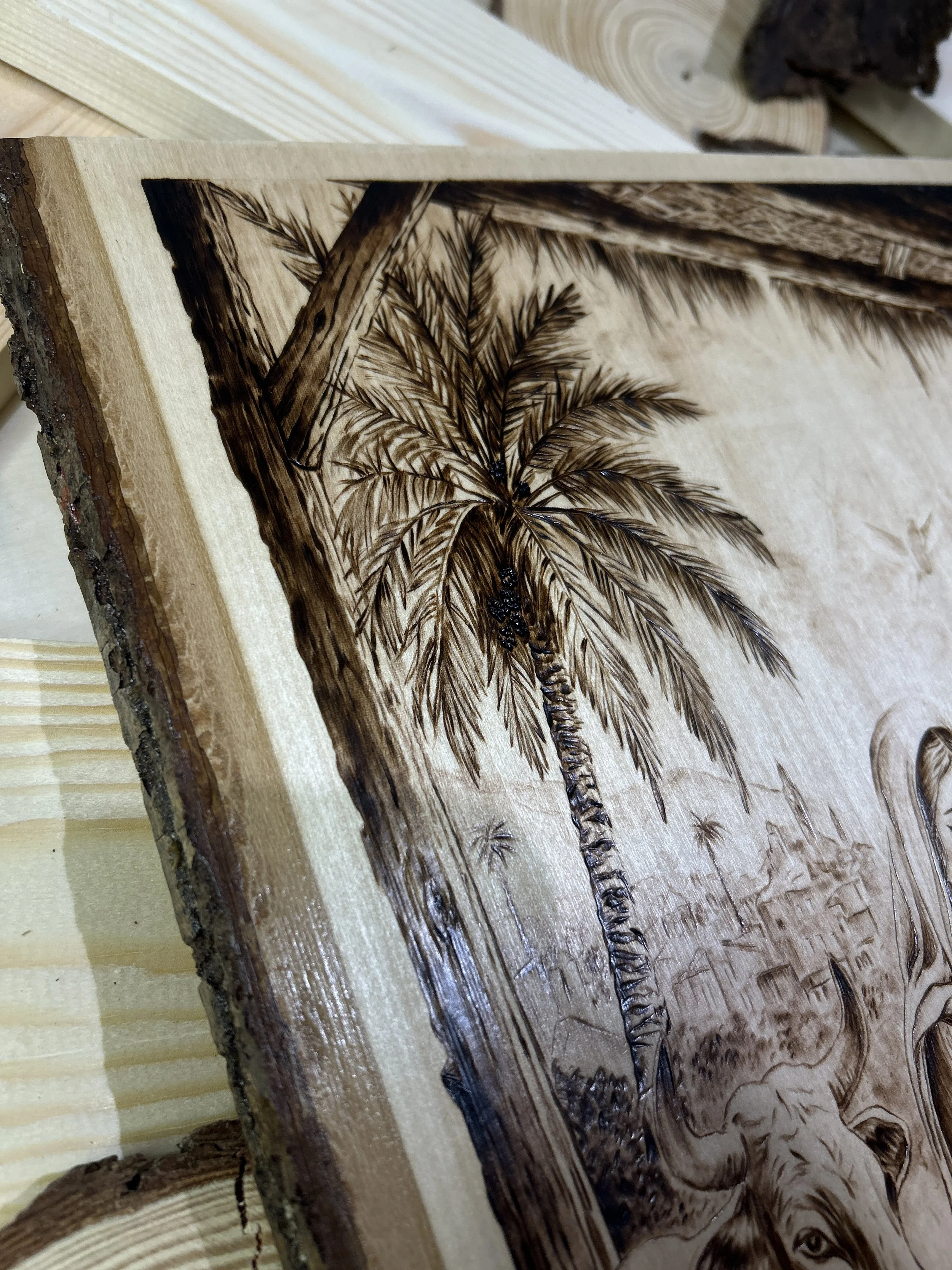 Wood-burned pyrography artworks, handcrafted fantasy art in unique, artisan, one-of-a-kind designs and decor, detailed nativity scenes on natural wood, religious festive Christmas themes